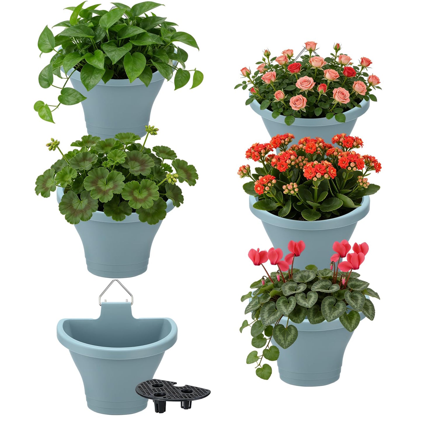 MADHOLLY 6Pcs Vertical Hanging Planters for Outdoor Plants - Wall Plant Holder for Indoor Decorations Garden Fence, Plastic Flower Pots with Drainage Grid and Hooks (Blue)