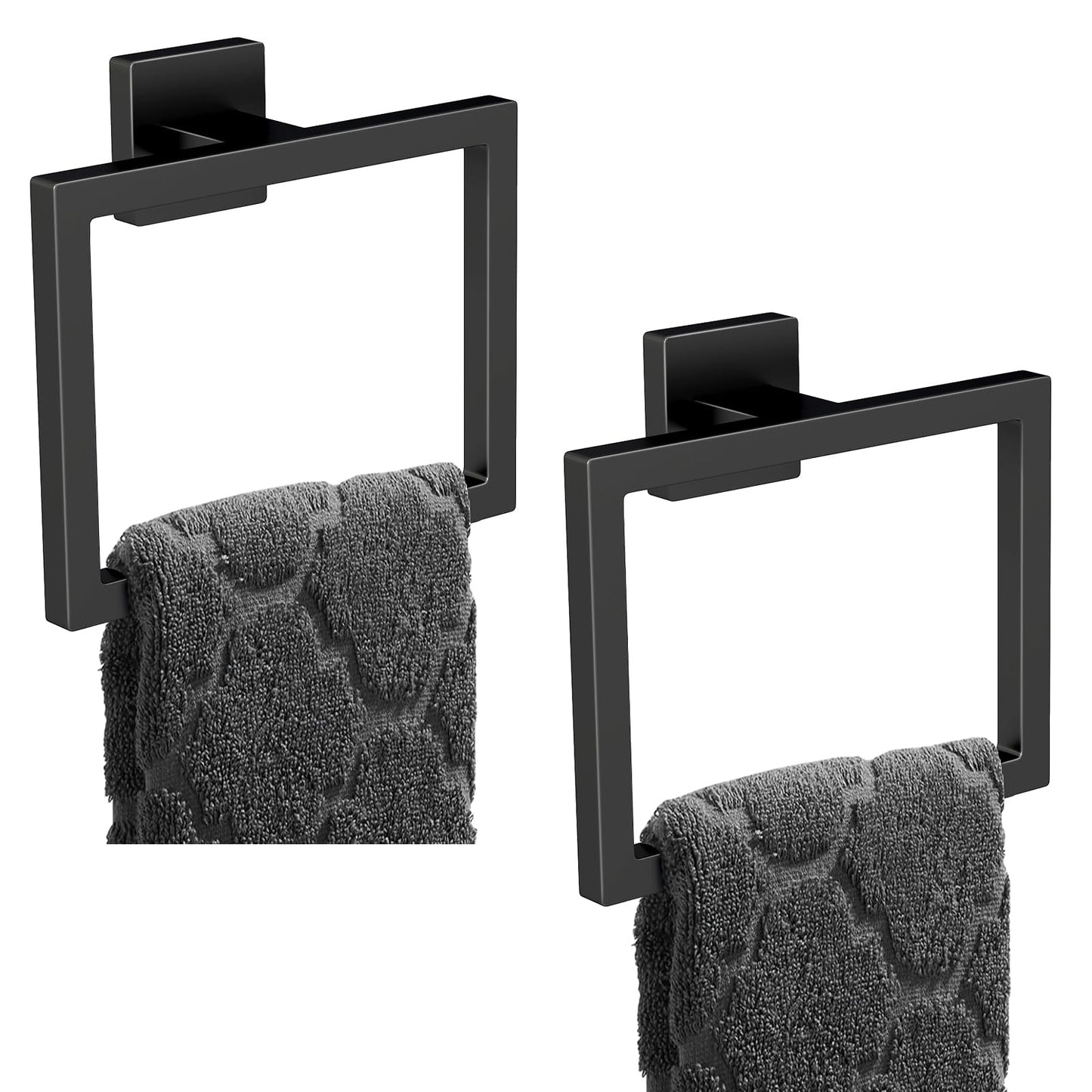 2 Pack Matte Black Hand Towel Holder, Stainless Steel Wall Mounted Hand Towel Holder for Bathroom, Modern Square Towel Ring for Bath, Kitchen, RV