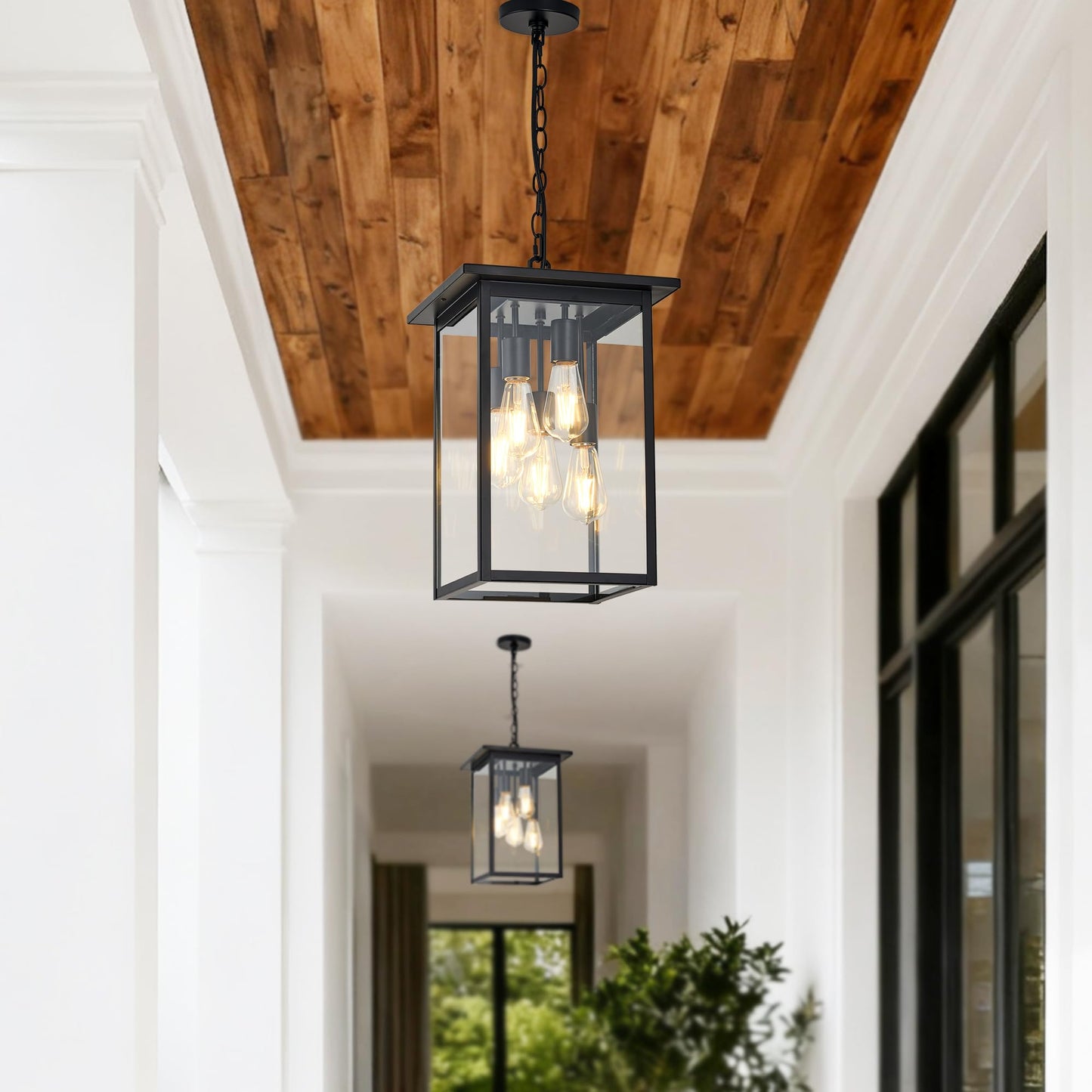 Modern Outdoor Pendant Light with Dual E26 Base Socket, Black Chandelier with Clear Glass Shade, Exterior Hanging Lantern for Front Porch Entrance Foyer Entryway