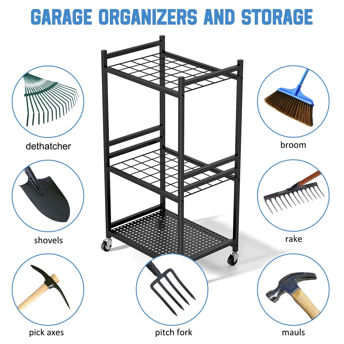 DAOUTIME Garden Organizer With Wheels, Yard Tower Rack for Garage Storage, Up to 35 Long-Handled Tools, Sturdy Metal Steel Holder With 3 Hooks, Outdoor, Black