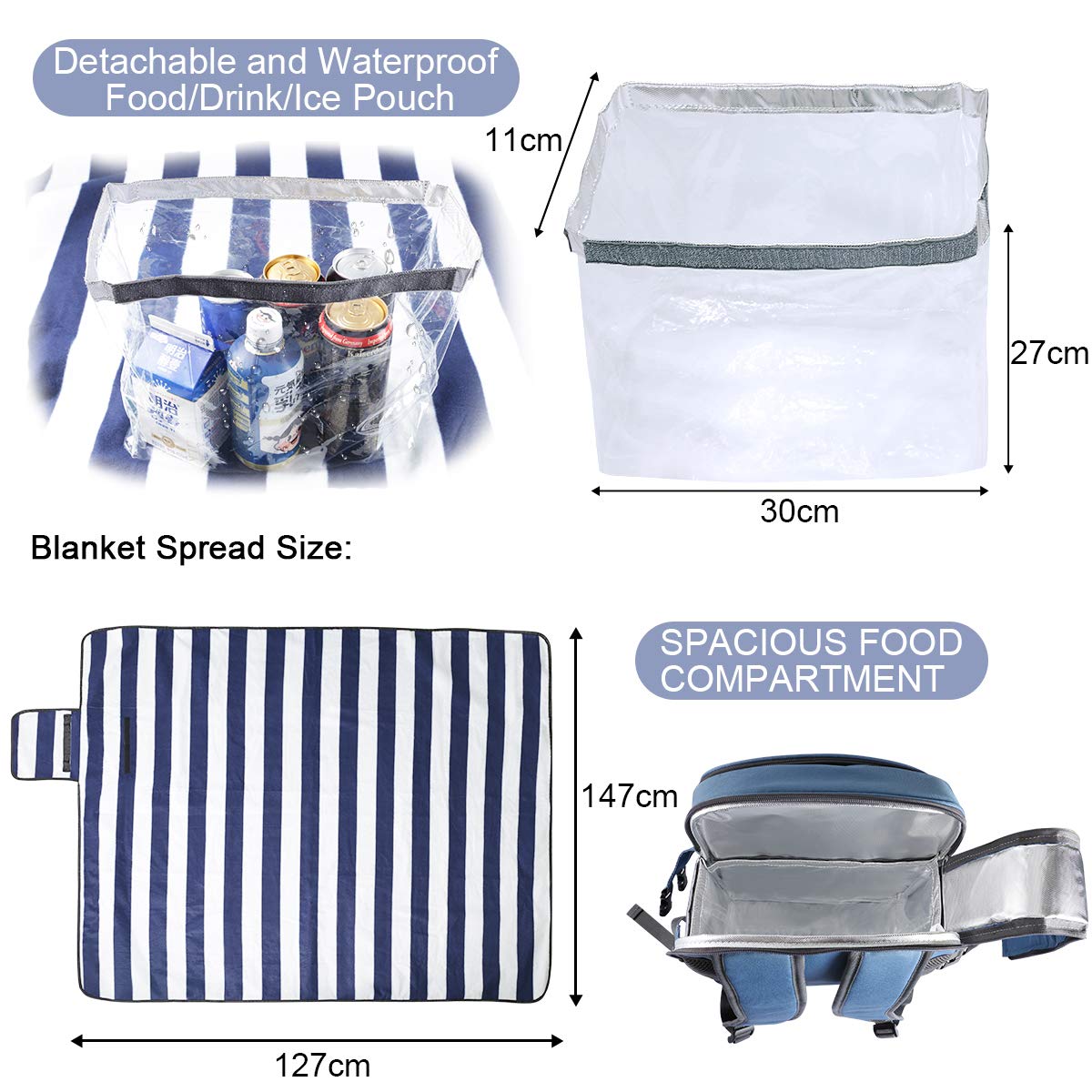 Sunflora Picnic Backpack for 4 Person Set Pack with Insulated Waterproof Pouch for Family Outdoor Camping(Blue & Stripe)