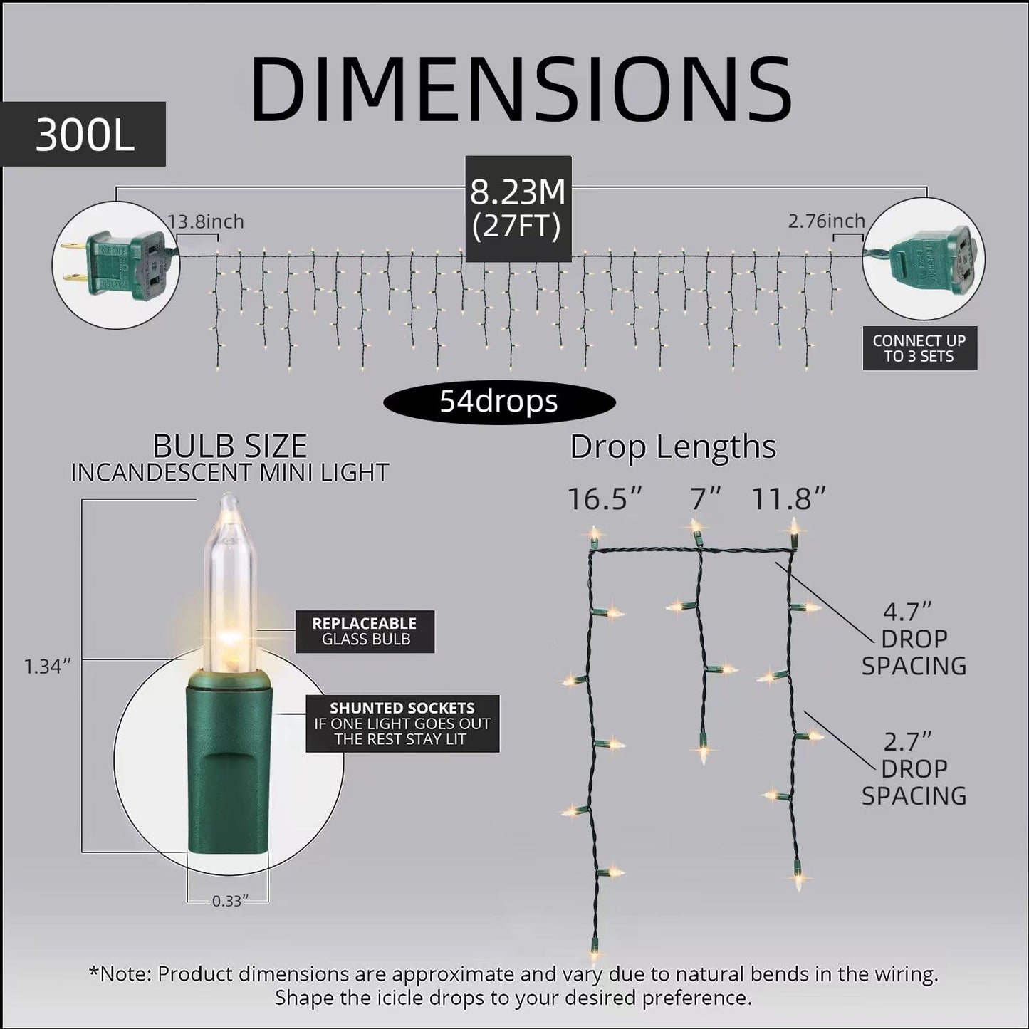 LAMPHOME 27 FT 300 Clear Icicle Lights - Green Wire, Indoor/Outdoor Christmas Light