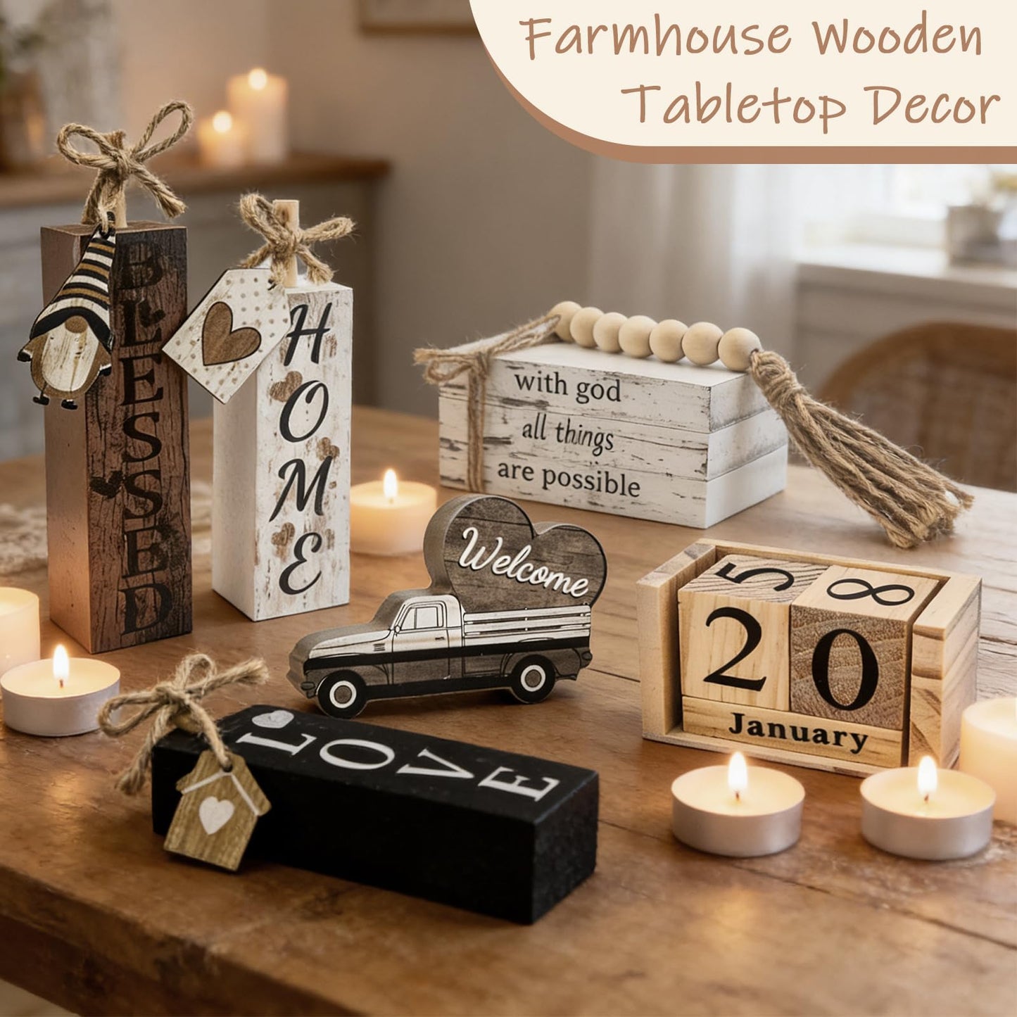 Farmhouse Wooden Table Decor White Faux Books for Decoration with Wood Bead Garland, Wooden Perpetual Block Calendar Rustic Tiered Tray Decor for Home Sweet Kitchen Entryway Living Room Shelves