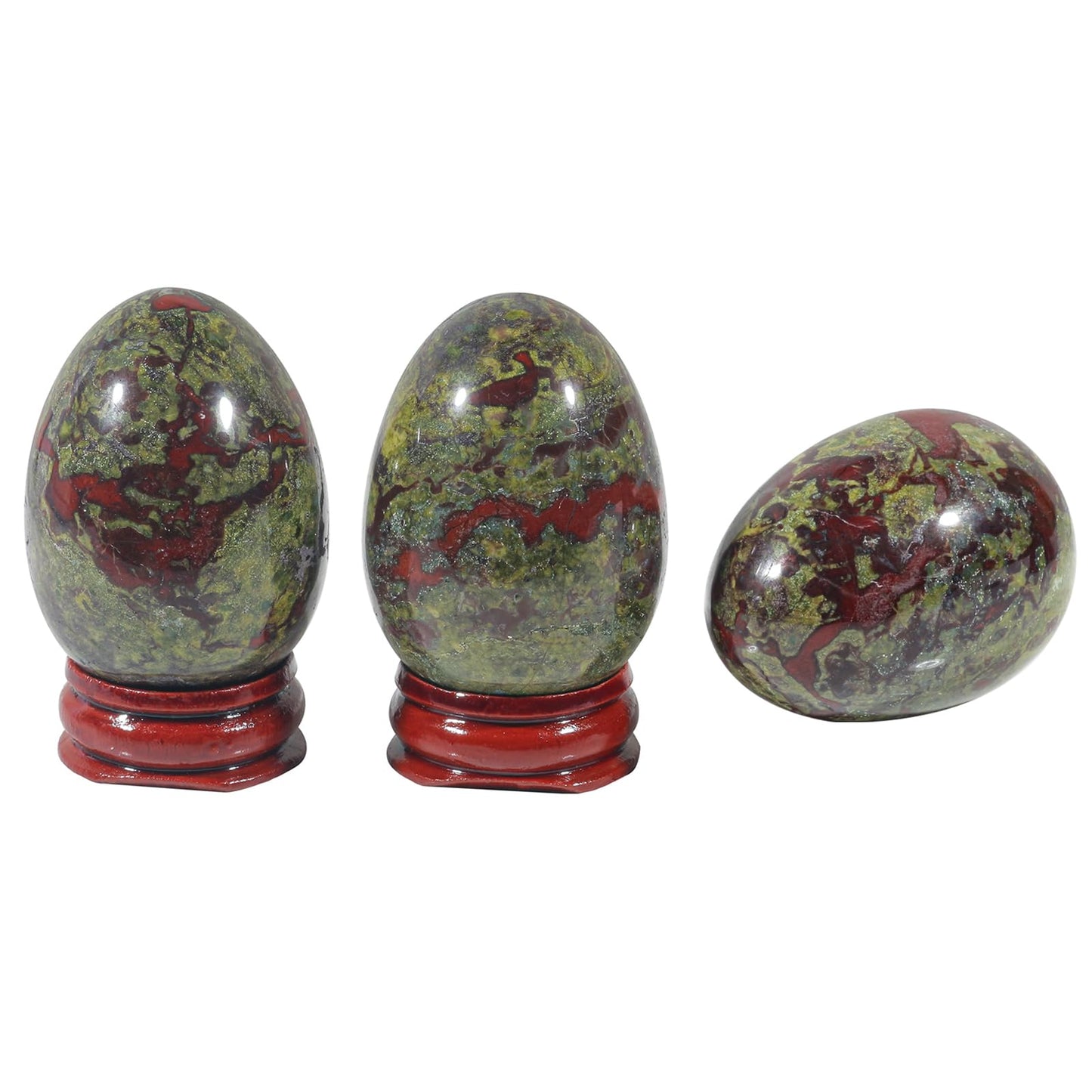 Fekuar Stone Egg Figurine, Polished Healing Crystal Easter Eggs Sphere Sculpture with Wood Stand, Natural Dragon Bloodstone, 1.8"