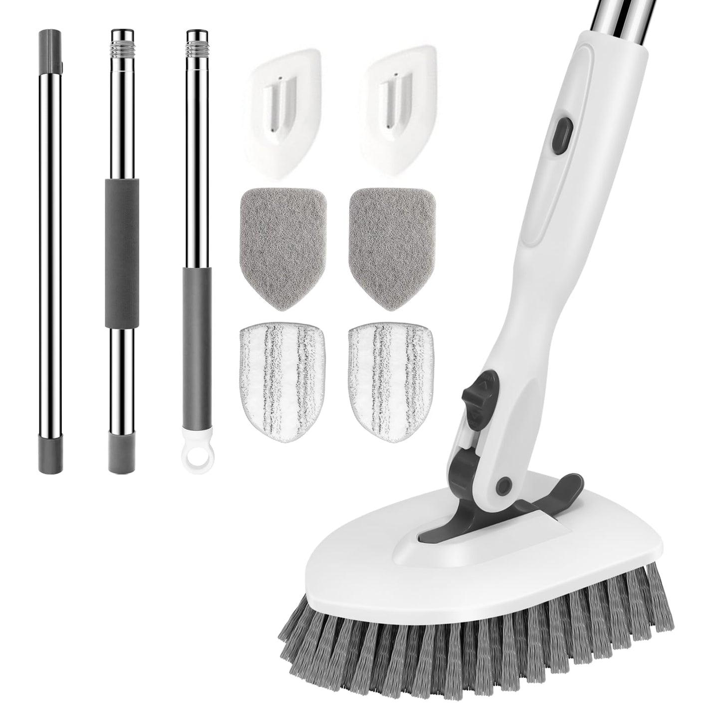 SetSail Floor Scrub Brush, 3-in-1 Tile Tub Floor Scrubber with 52-inch Adjustable Long Handle Shower Cleaner Brush and 4 Detachable Replacement Brush Heads for Cleaning Bathroom Tub Tile, White Grey