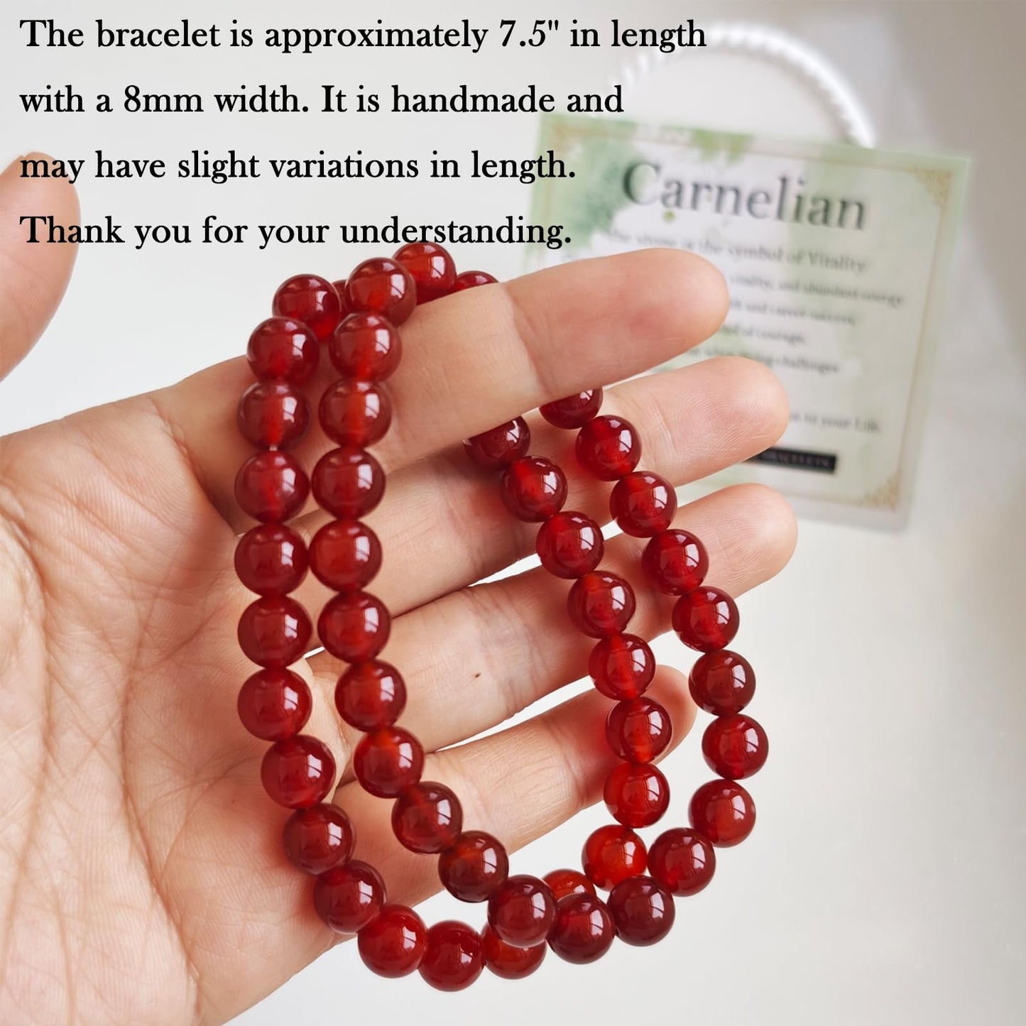 Handmade Natural Gemstone Elastic Bracelet - Healing Crystal Beads Jewelry, Unisex (Carnelian, 8mm)