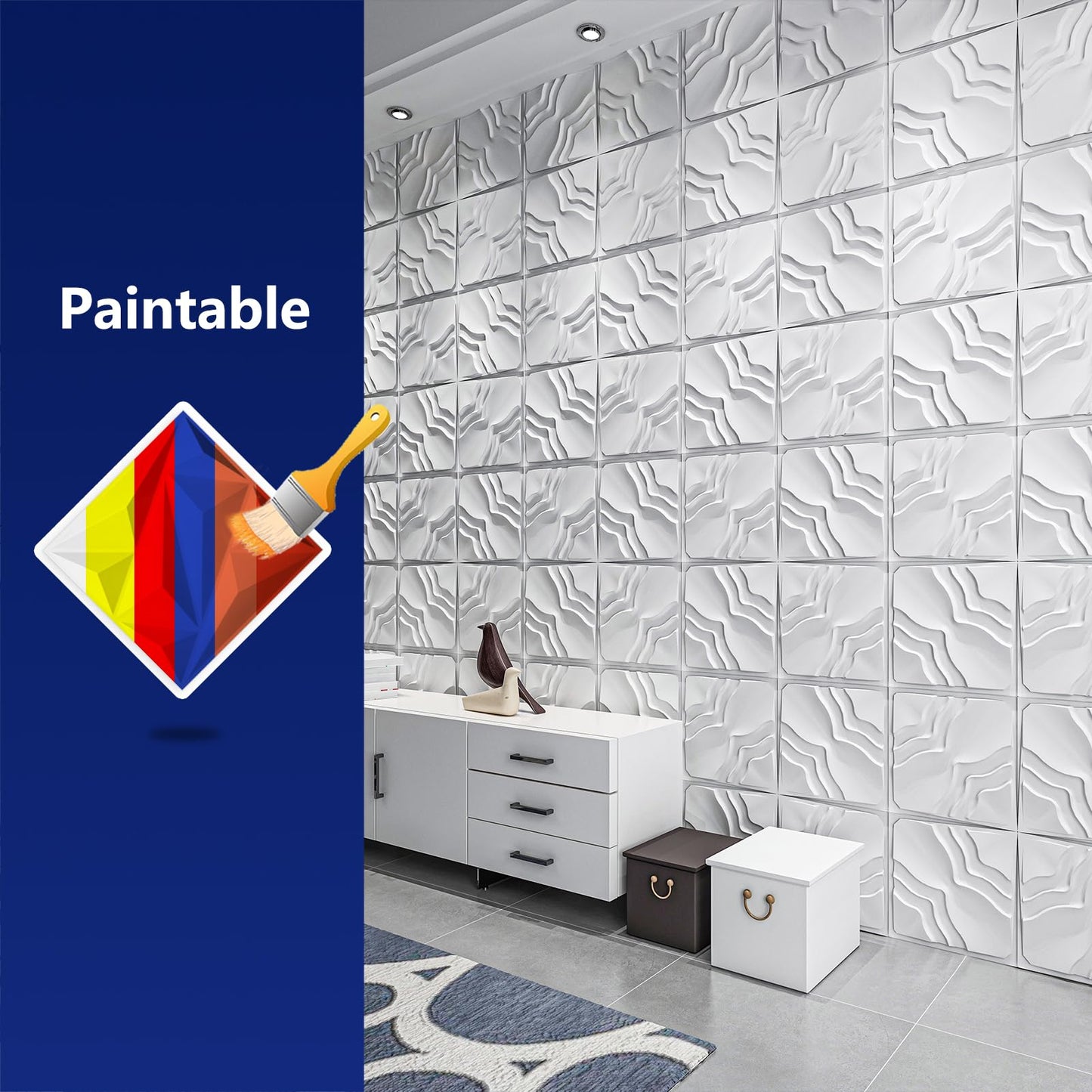 Art3dwallpanels 33 Pack 3D Wall Panel, 2 Different Effects PVC Textured Wall Panels for Interior Wall Décor, 12 x12 Inch Cover 32.Sq.Ft, White