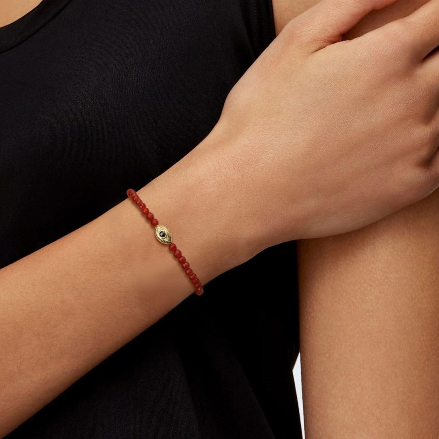COAI Red Carnelian Bracelet for Women, Crystal Beads Dainty Evil Eye Bracelet for Women 4mm