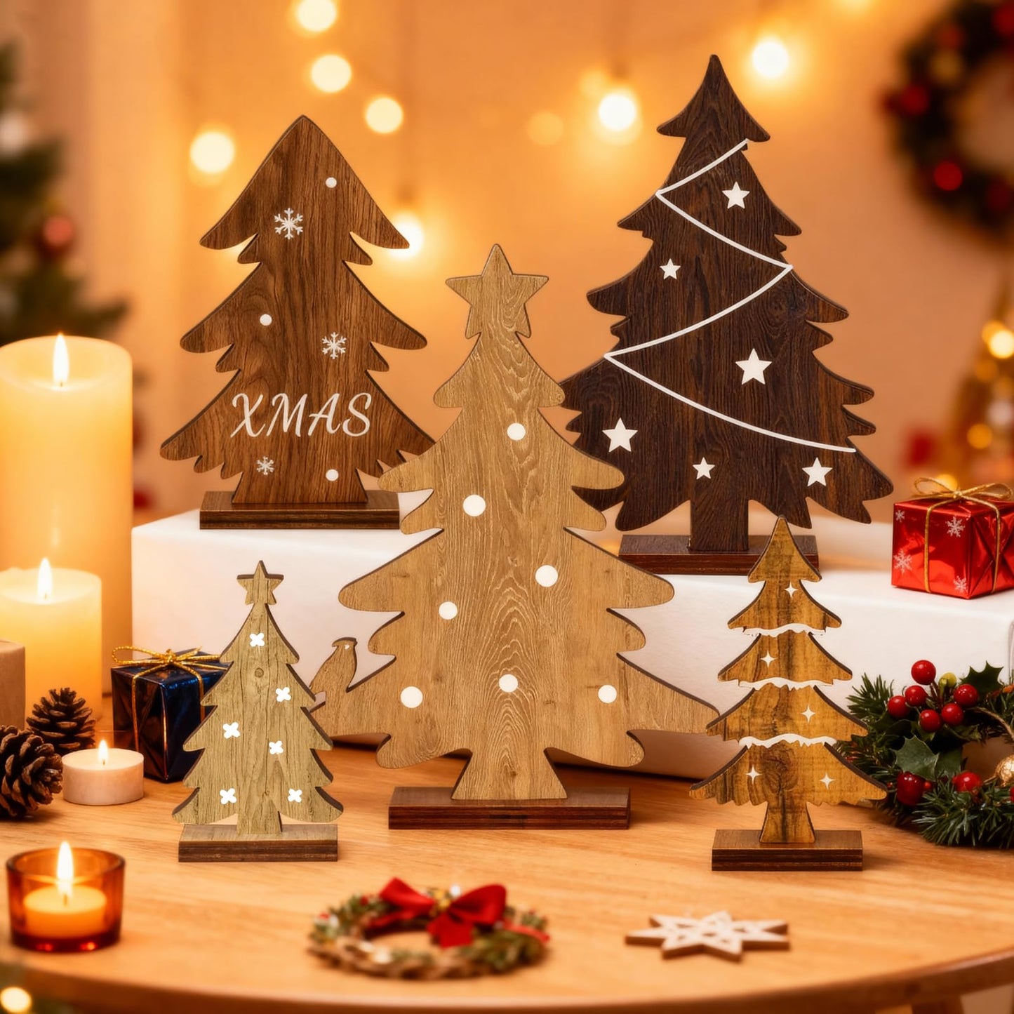 Christmas Decorations Indoor - 5PCS Wooden Christmas Trees Tabletop Shelf Decor Rustic Christmas Decorations Table Centerpieces Wooden Trees Sign for Home Office Fireplace Farmhouse Xmas Party