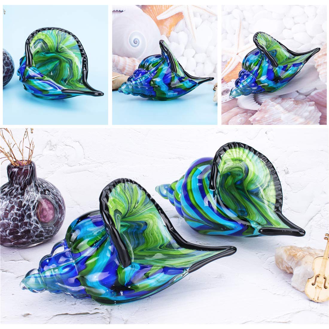 QFkris 8" Glass Conch Figurines, Hand Blown Seashell Art Glass Sculpture, Beautiful Home Decor, Crystal Paperweight