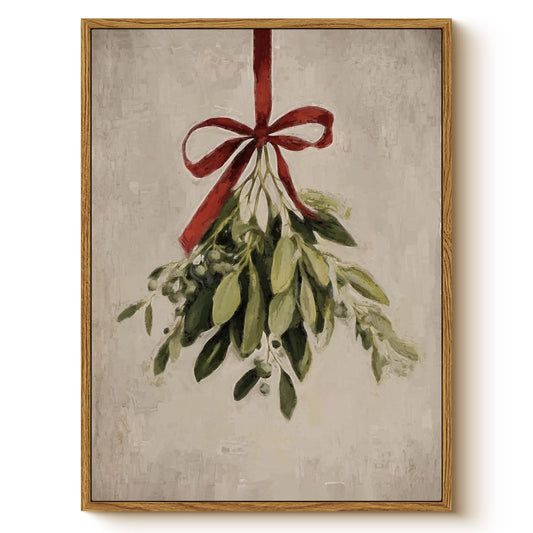 Vintage Christmas Holiday Mistletoe with Red Bow Wall Art, 12x16 Framed Canvas Print Greenery with Red Ribbon Painting, Rustic Winter Farmhouse Living Room Bedroom Kitchen Festive Home Décor
