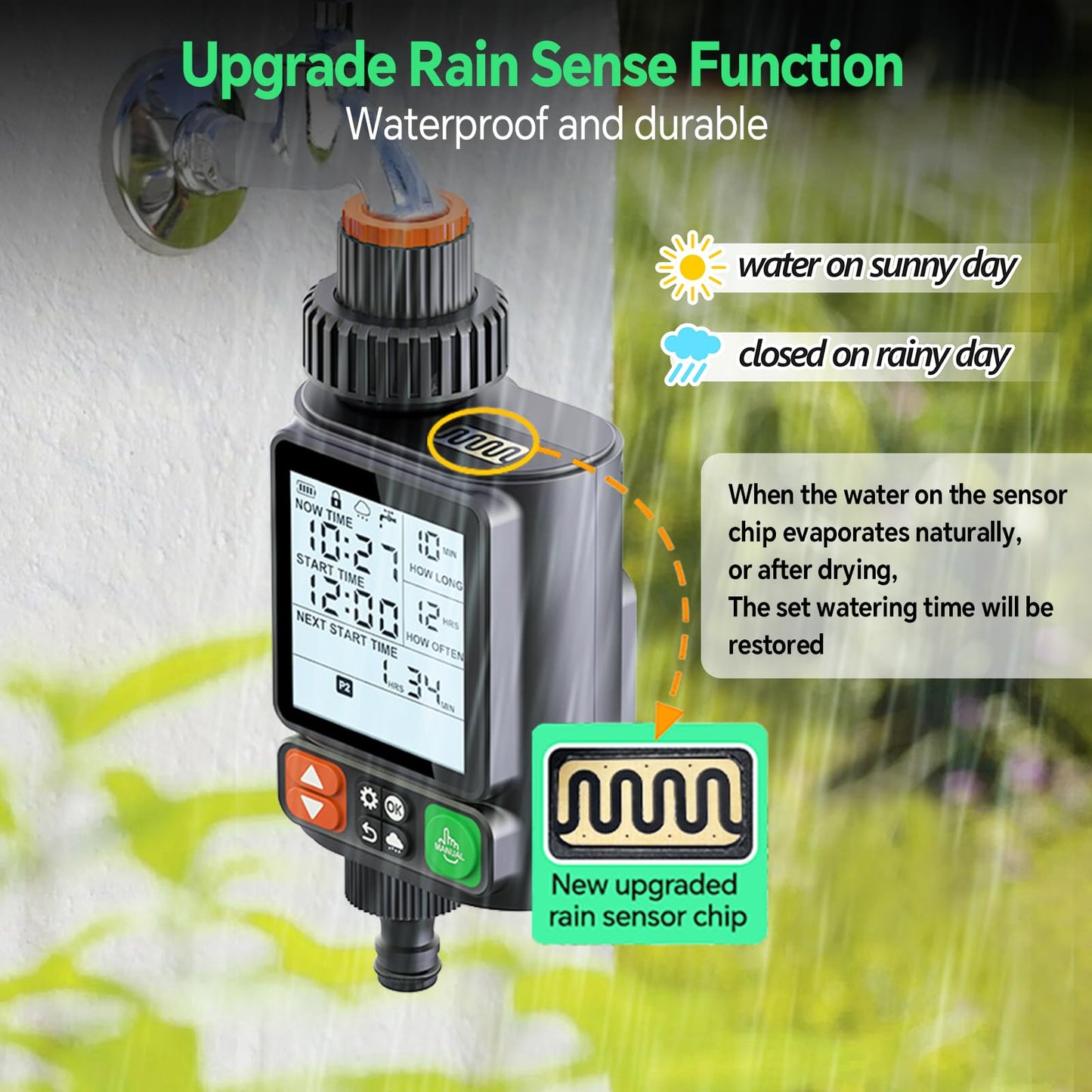 Sprinkler Timer for Garden Hose, Upgrade 10 Program Water Timer with Auto Rain Delay, IP54 Waterproof 3.3“ Large LCD Drip Irrigation System Timers for Plant, Yard, Lawns, Outdoor