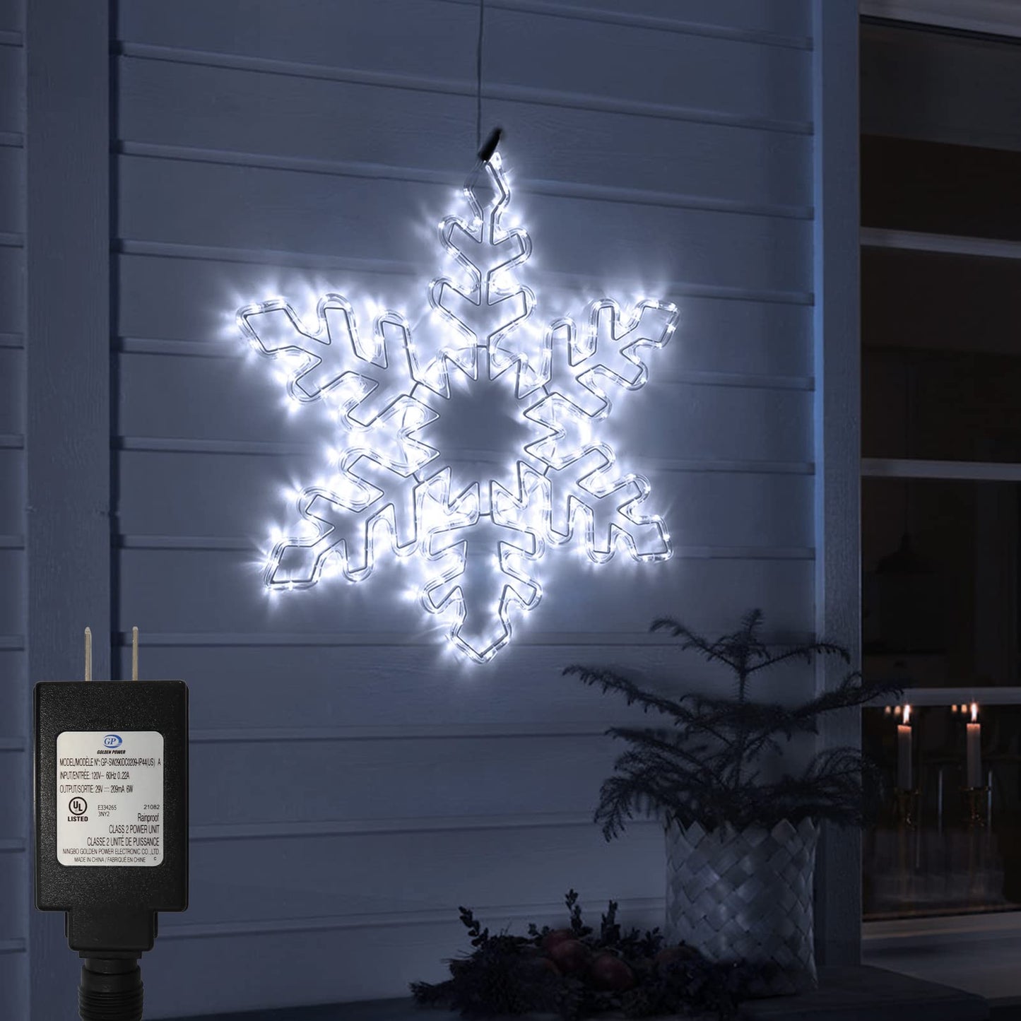 DBFAIRY 27" Christmas Big Snowflake Lights Mains Powered Window Hanging Lights Christmas Snowflakes Light,16.8Ft Long Cable Festive Decor for Porch Wall Window Decor