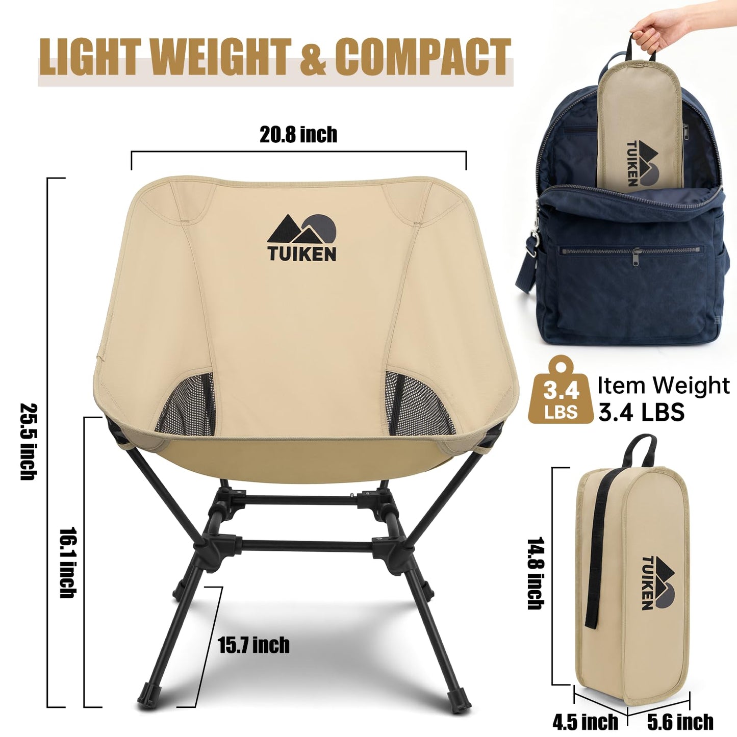 TUIKEN Ultralight Camping Chair Backpacking Chair, Portable Camp Chair with Cup Holder & Storage Bag, Lightweight Compact Folding Chair for Hiking, Travel, Picnic Mountaineering (Light Brown)