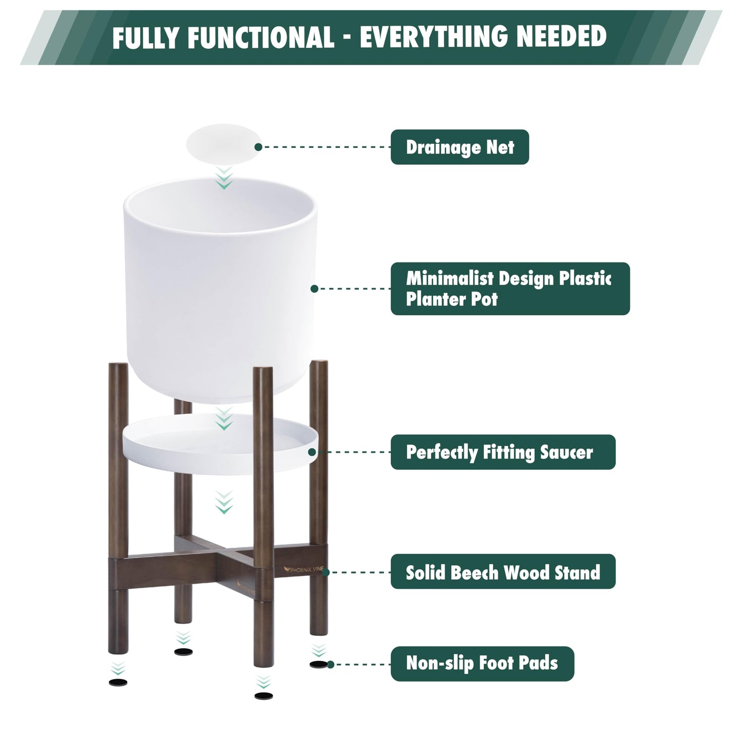 D'vine Dev Planter Pot with Stand - 14 Inch Plastic Cylinder Flower Pot with Wood Planter Holder for Indoor, Matte White Pot + Walnut Color Stand, 55-C-R-1
