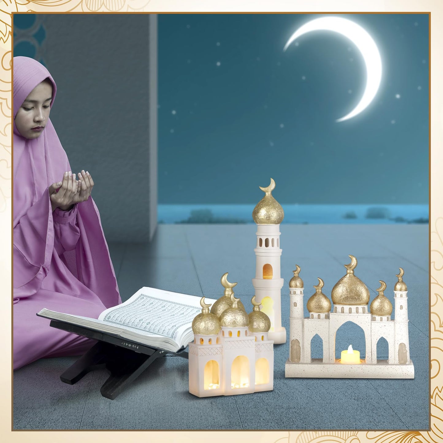 Bucherry 3 Pcs Eid Mubarak Decorations Gold and White Decorative Mosque Tower Ornaments for Home Display Islamic Gift Eid Mubarak Ramadan Table Decor for Muslim Party