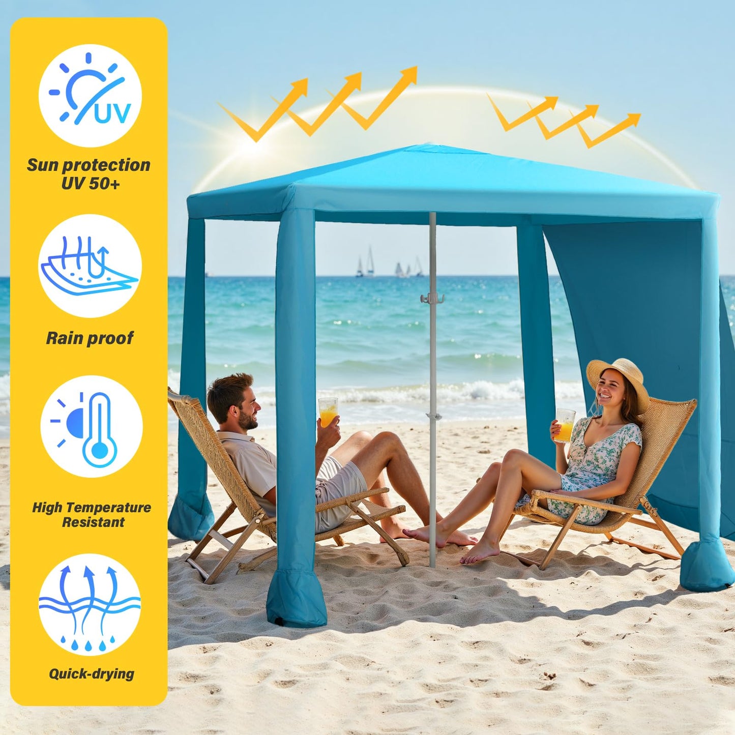 Beach Cabana, 6.6'×6.6' Portable Beach Canopy with Side Wall, Easy Up UPF 50+ Beach Tent Sun Shelter with Sand Pockets, Waterproof Cabana Umbrella Tent for Family, Backyards, Camping, Blue