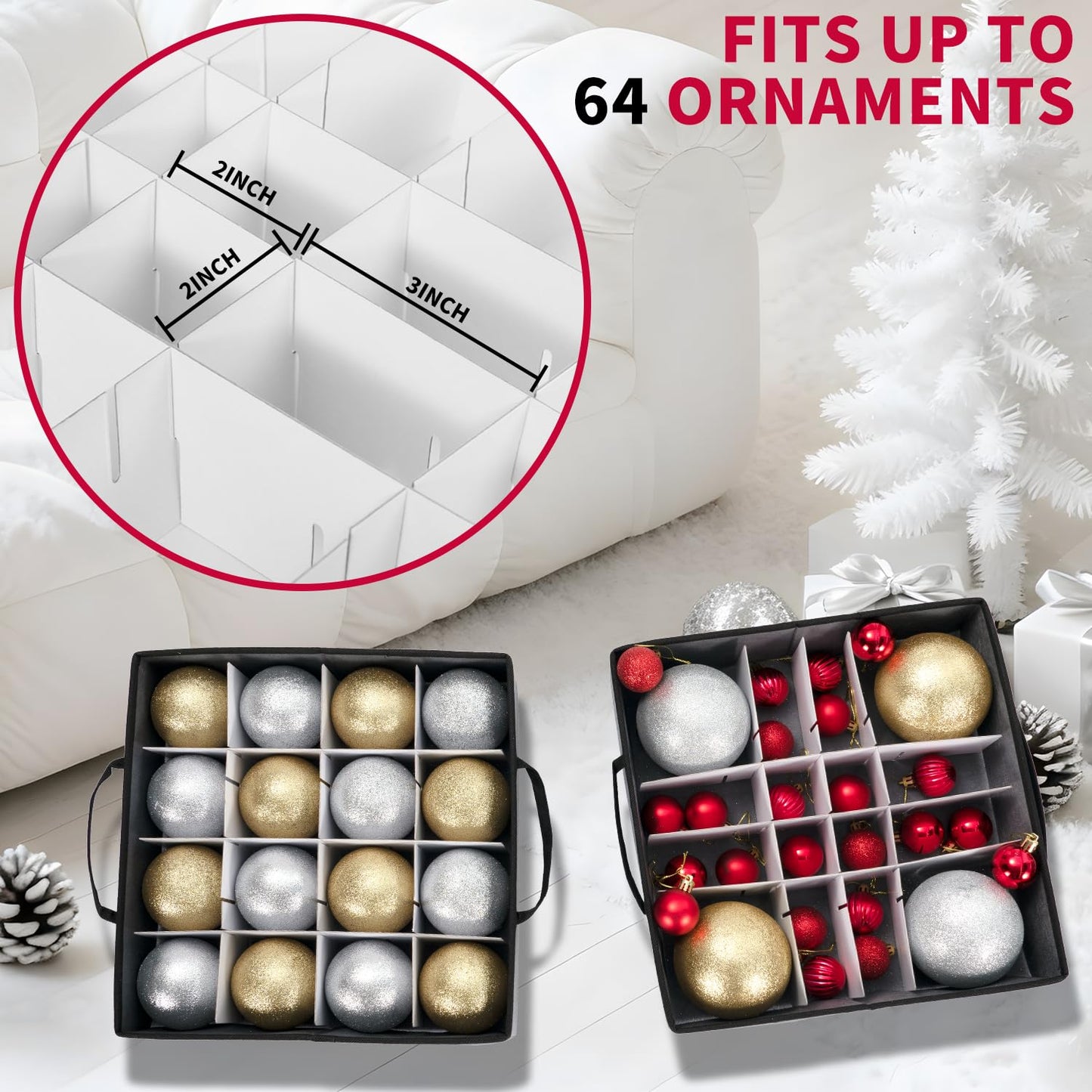 DIMESHY Christmas Ornament Storage Box With Adjustable Dividers,Ornament Storage Container With 4 Removable Trays for 64 Holiday Decorations,Gray