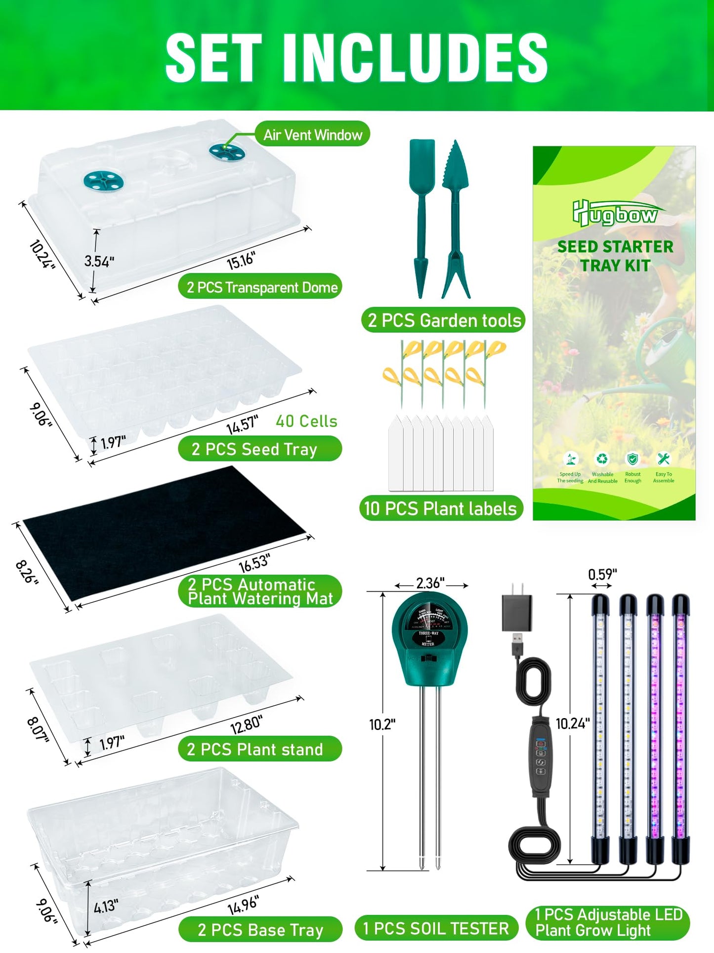 Hugbow Self-Watering Seed Starter Tray with Grow Light, 80-Cell Plant Starter Trays Seed Starter Kit, Seed Starter Tray for Seed Starting, Plant Germination & Seedling Growing, 2 Pack
