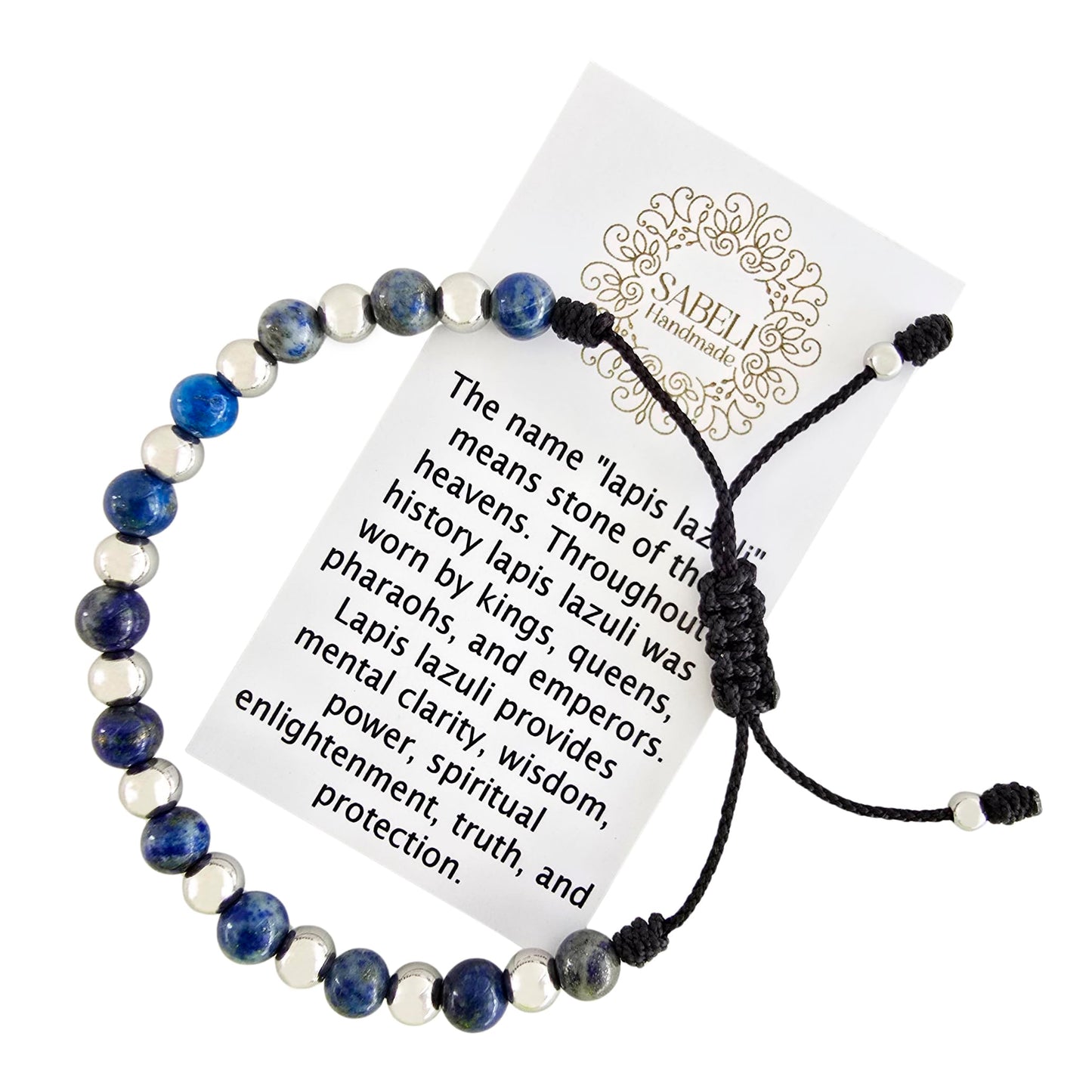 Sabeli Handmade Lapis Lazuli Bracelet Crystal Bead Jewelry for Men and Women Spiritual Healing Anxiety Protection Gemstone Natural Stone Gift Adjustable Blue 6mm Beads
