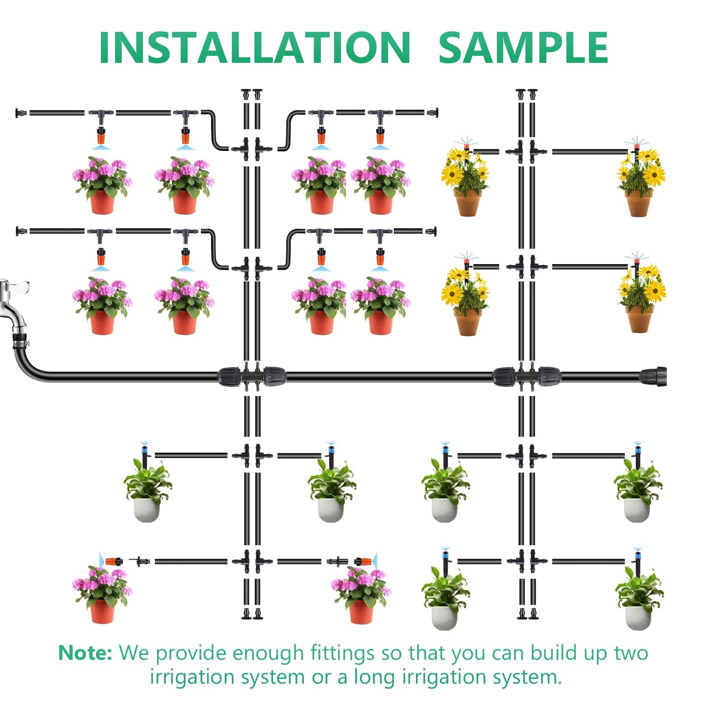 256FT Drip Irrigation System Kit, 163PCS Automatic Garden Watering Misting System with 1/4" Distribution & 1/2" Hose Tubing and Accessories for Greenhouse, Yard, Lawn, Plant