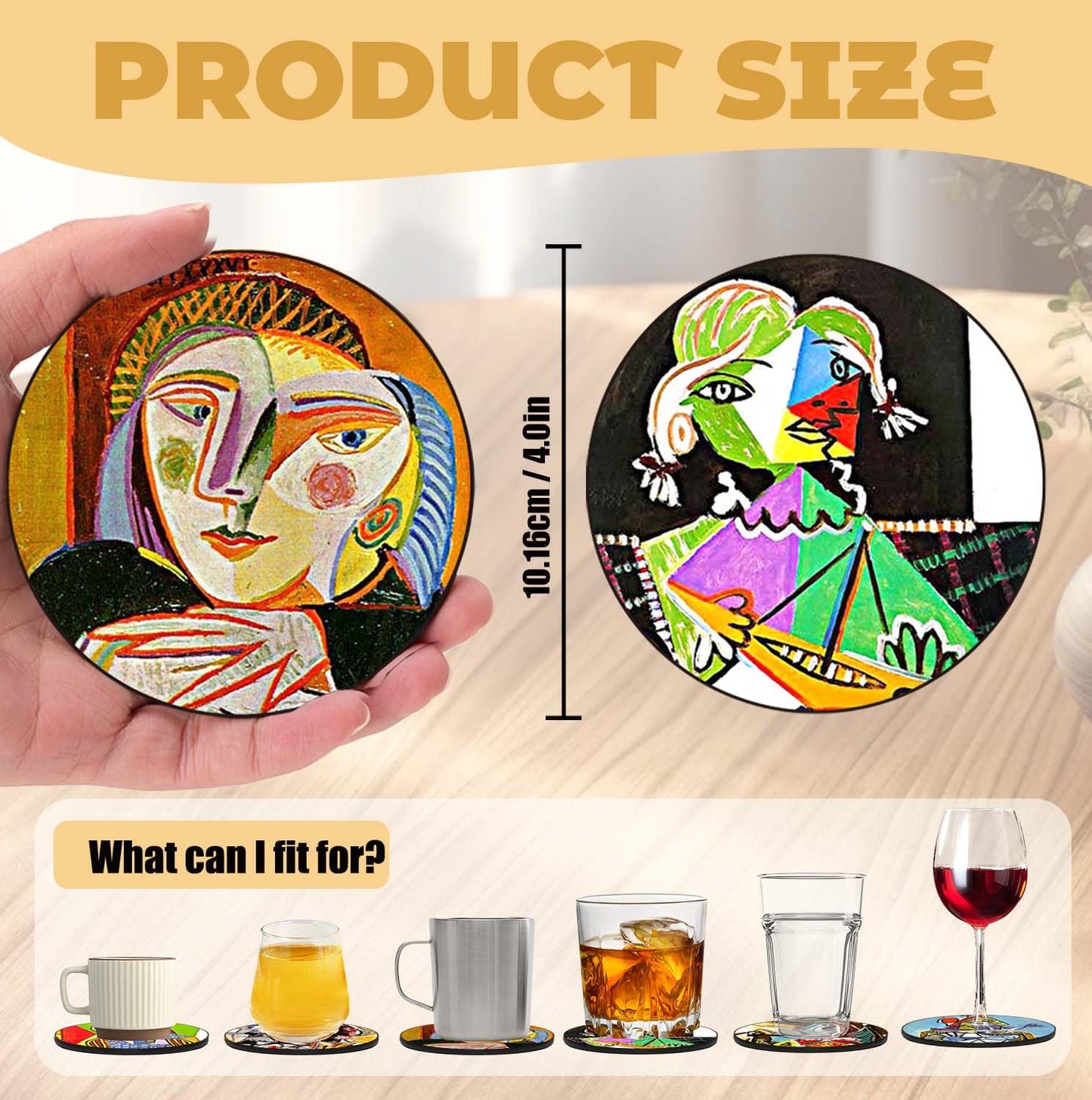 ABCHCHS Coasters Set of 6 - Pablo Picasso Style- PU Leather Coasters for Drinks with Holder - Handmade Round Drink Coasters Set for Home Decor and Housewarming Gift