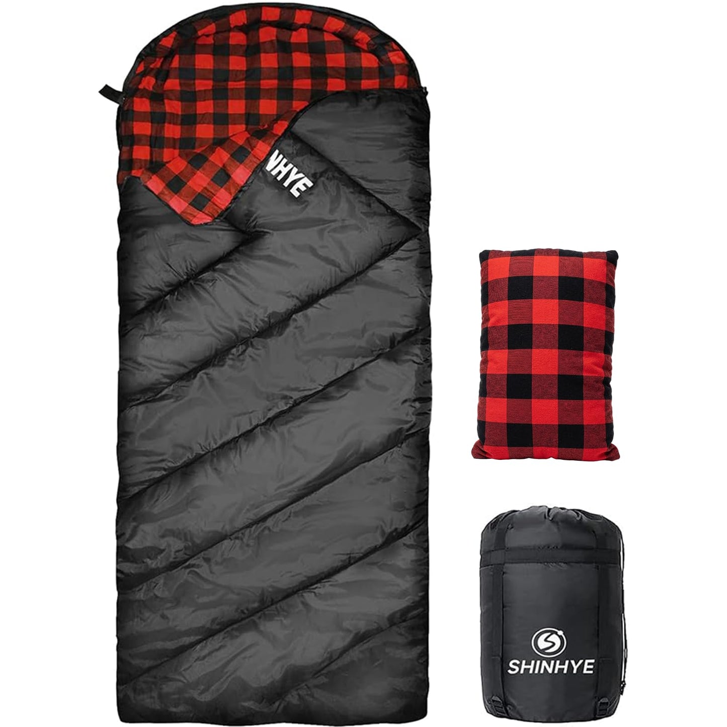 ShinHye 0 Degree Sleeping Bag for Adults - Cotton Flannel 4 Season Cold Weather Winter, XXL Big and Tall Camping Sleeping Bag with Compression Sack (Black1, 90"×35" Right Zip)