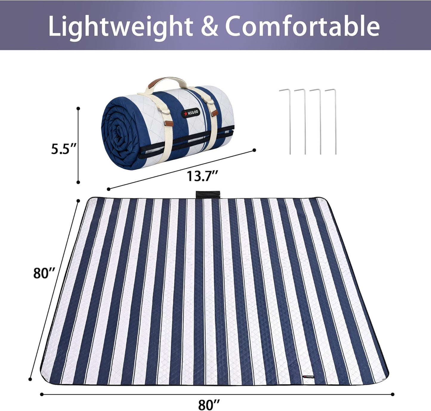 HX&OD Outdoor Picnic Blanket Extra Large, 80''*80'' Waterproof Picnic Mat with Stakes Foldable Camping Blanket Portable with Carry Strap for Beach Mat (Blue& White, 80''*80'')