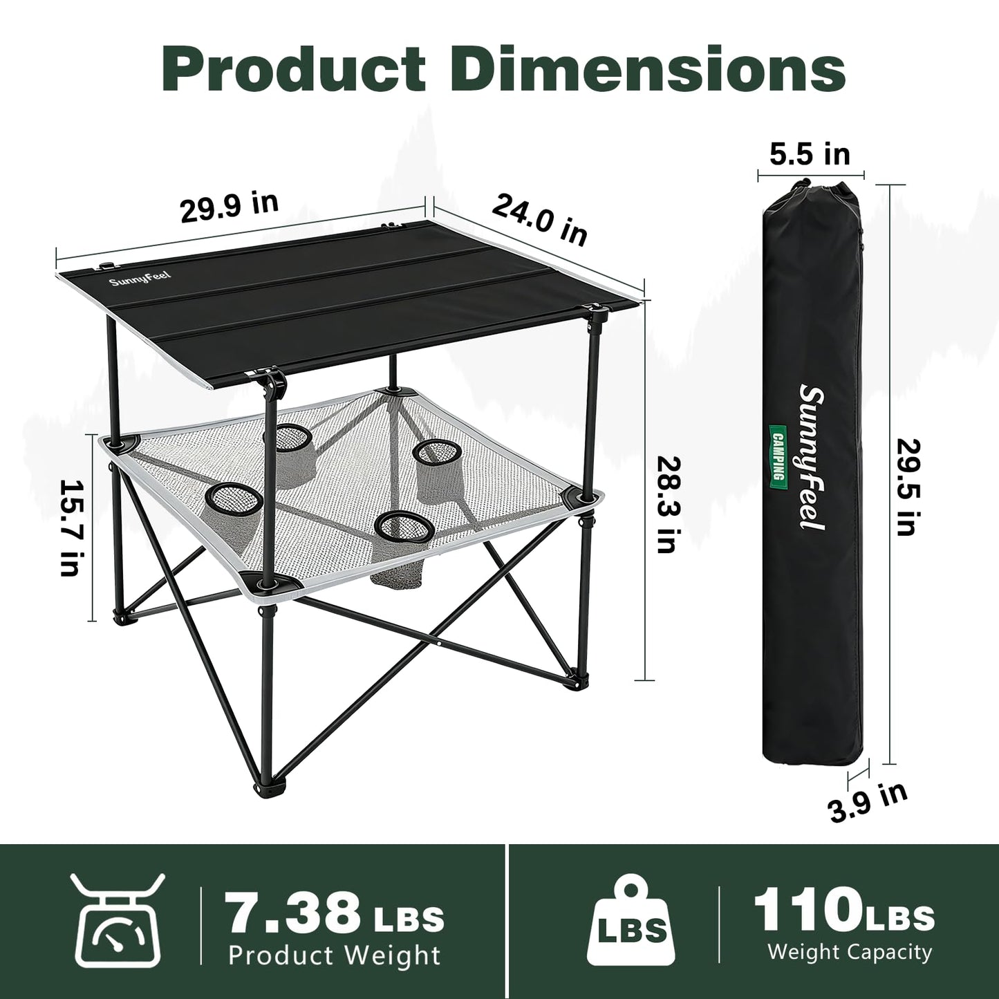 SUNNYFEEL Folding Camping Table- Collapsible Portable Beach Table with 4 Cup Holders & Carry Bags, Tailgate Table for Outdoor Excursion Picnic Hiking Fishing Travel Parties, Black