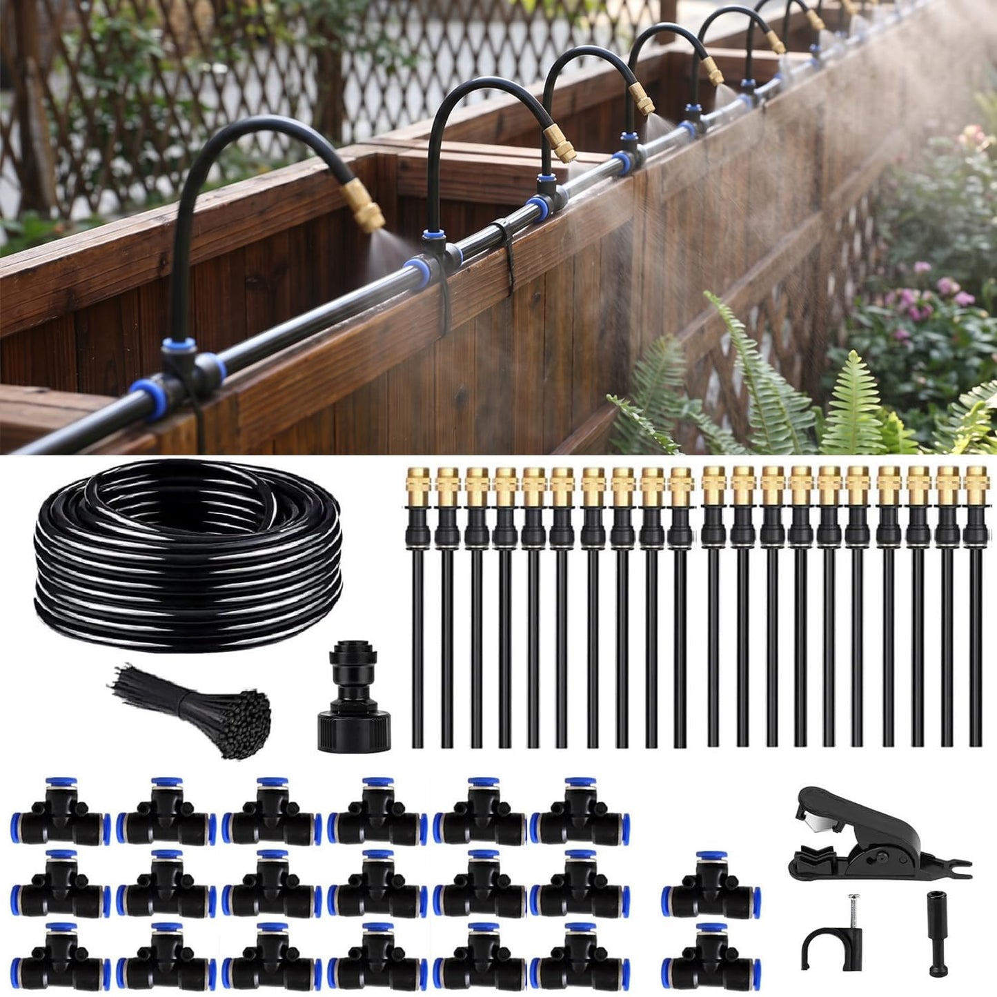 360° Adjustable Drip Irrigation System - Compatible 1/4" Irrigation System, 50FT Garden Watering Atomizing System with 15 Nozzles, Greenhouse Accessories for Yard, Lawn, Plants, Garden (66Ft)