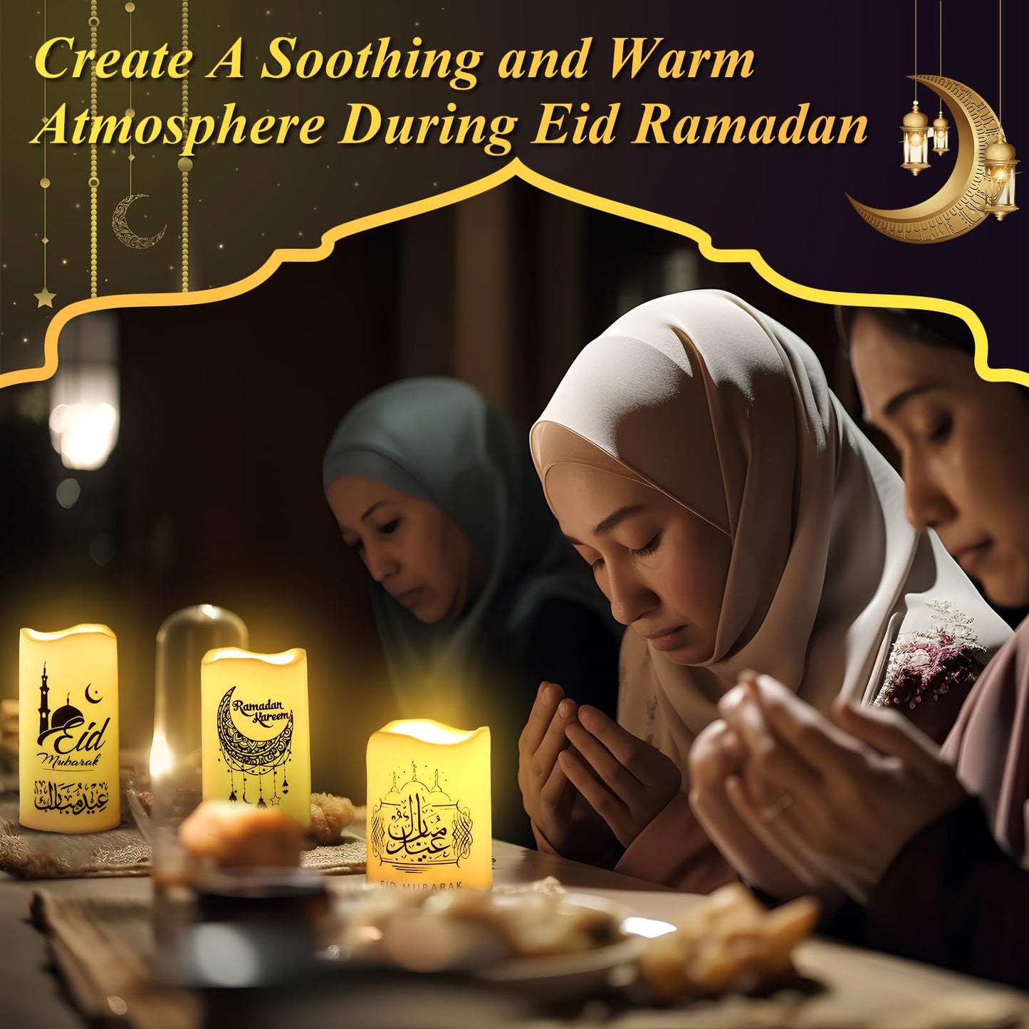Tujoe 3 Pcs Eid Mubarak Flickering Flameless Candles Ramadan Decor Eid Mubarak LED Battery Operated Candles Candle Lights for Muslim Eid Ramadan Decor for Home(Moon)