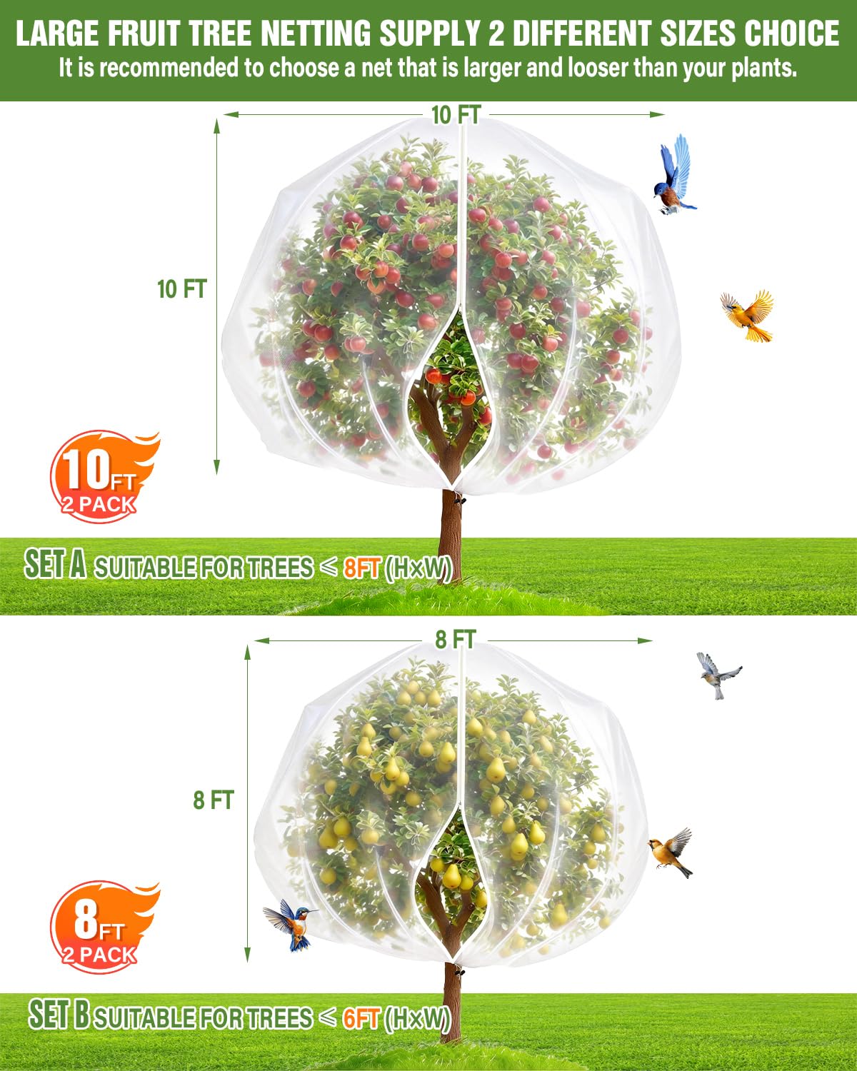 JoyHalo Large Fruit Tree Netting with Zipper & Drawstring, 10 × 10FT Pest Barrier Netting for Garden, 60-Mesh PE Tree Covers for Bush, Blueberry, Vegetables & Plant Protection (2 Packs)