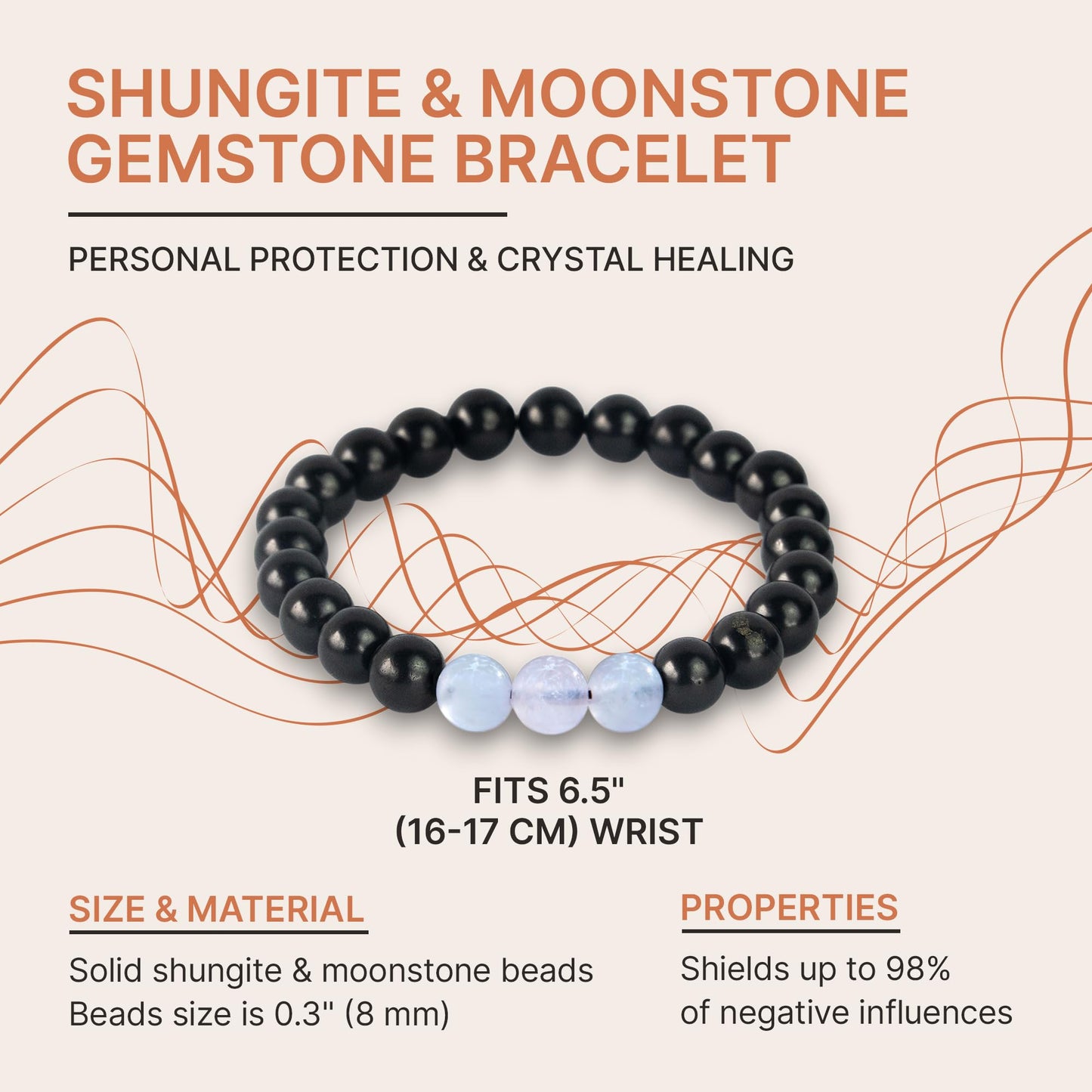 Karelian Heritage Black Shungite Beaded Bracelet, 8mm Handmade Stretchy Unisex, Crystal Healing Authentic Stone, Spiritual Chakra Balance Jewelry (Shungite & Moonstone)