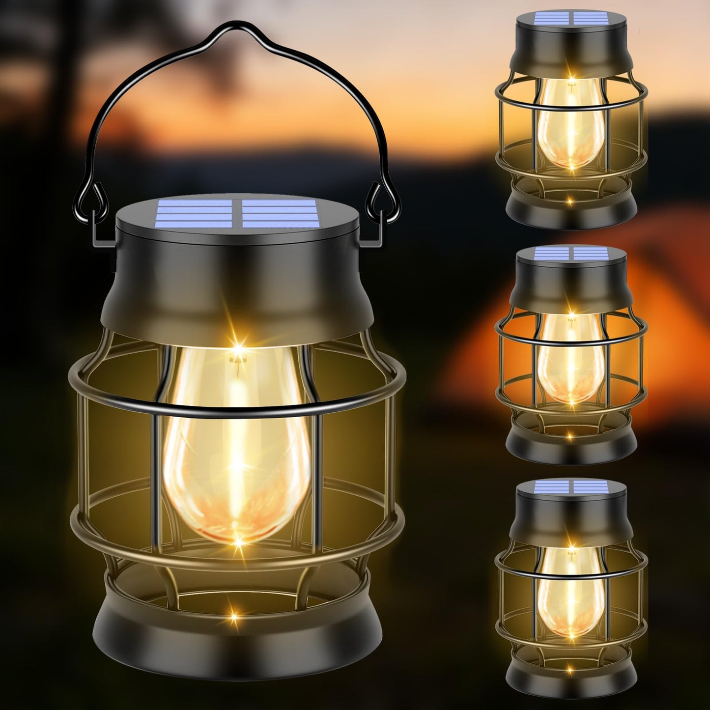 TomCare Solar Lanterns Lights Outdoor Waterproof 4 Pack Metal Hanging Solar Lights Lantern for Outdside Decorative Patio Porch Garden Lawn, Warm White