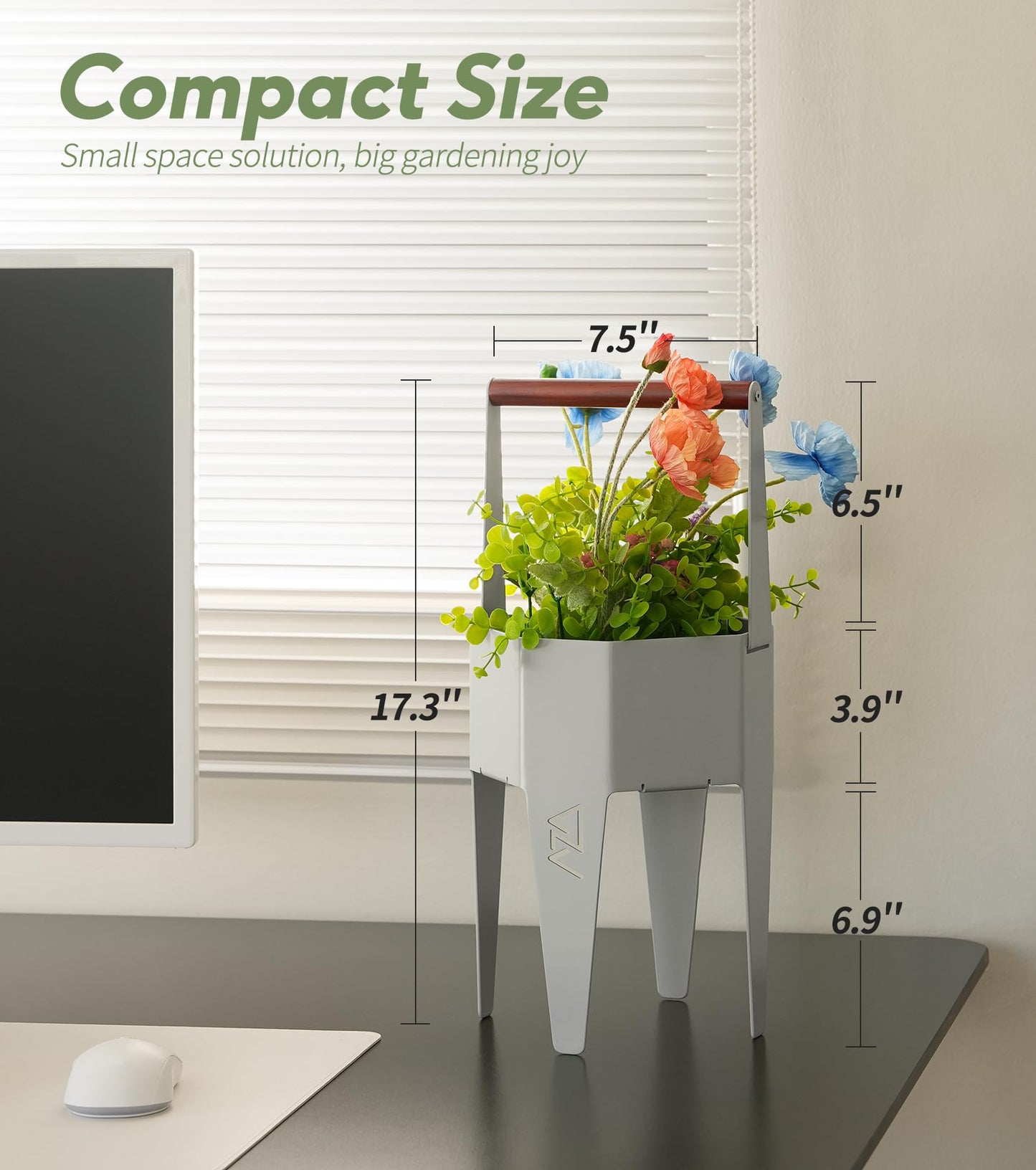 AZADESJET Planter with Stand, Metal 2 in 1 Portable Planter with Grow Bags & Handle, Stable Stylish Indoor Plant Pots with Stand, Modern Flower Pots Outdoor, 7.5'' x 17.3'', White, Plant Not Included