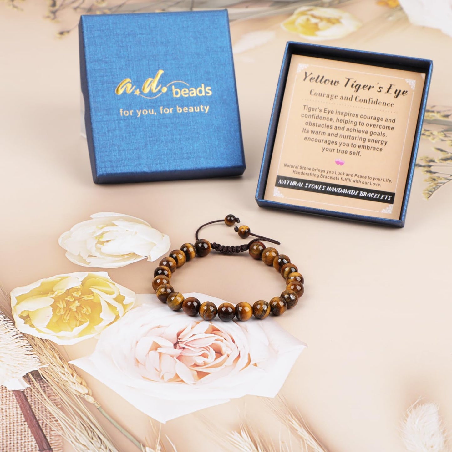 AD Beads 8mm Yellow Tiger's Eye - Courage and Confidence - Handmade Natural Stone Crystal Bracelet with Adjustable Macrame String - Yoga Healing Power Energy Gifts for Men and Women