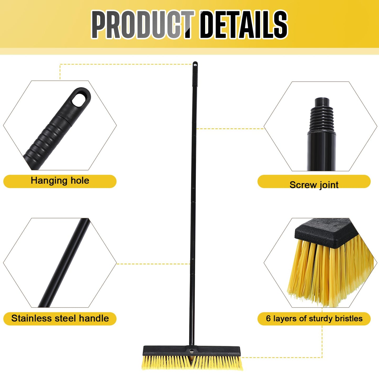 Zhehao 6 Pack 18 Inches Push Broom Outdoor, Multi Surface Garden Brush Broom with Adjustable 63" Long Handle for Deck, Driveway, Patio, Warehouse, Garage, Yard, Concrete Floor Cleaning