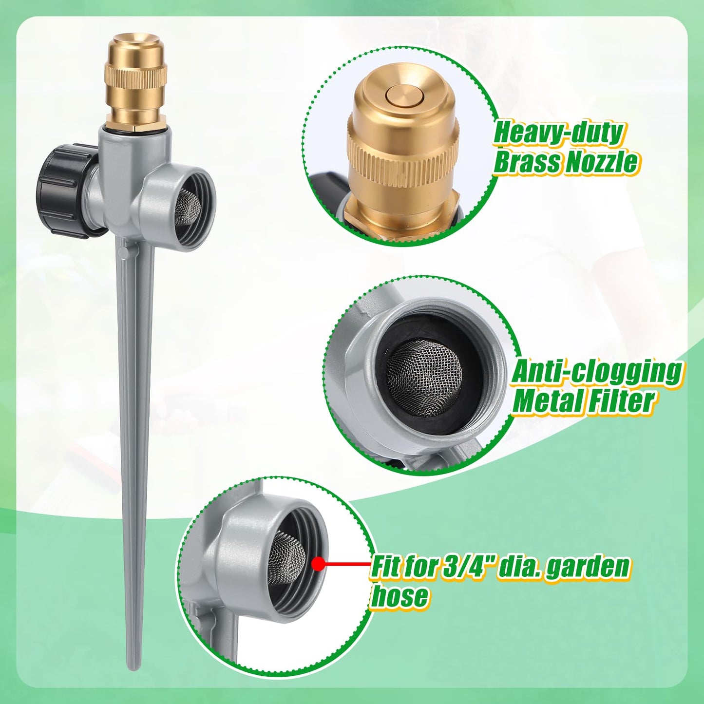 2 Pack Metal Lawn Sprinklers for Yard - 360° Coverage Water Sprinklers, Adjustable Brass Nozzle with Aluminum Alloy Spike Base for Small Garden Irrigation