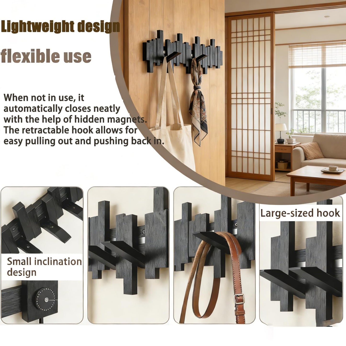 GAOWFEH Key Holder Wall Mount, Modern Coat Rack Wall Mount Black with 8 Reversible Magnetic Hooks, Coat Racks for Wall,Towel Hooks for Bathrooms,Black Piano Key Coat Rack