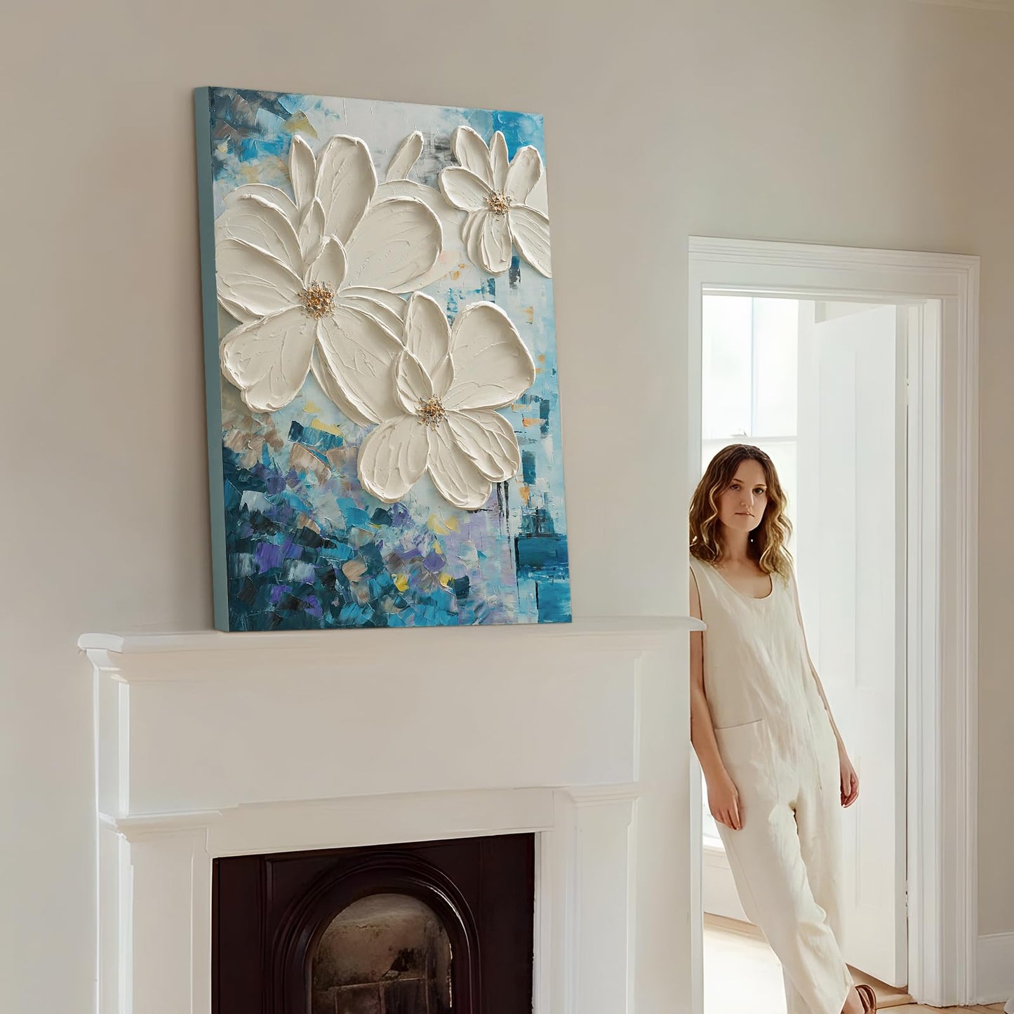 JUHOME Hand-Painted Textured Flower Oil Painting Canvas Wall Art,24x36 In Abstract White Floral Artwork, Vertical Modern Original Wall Decor for Living Room Bedroom Office