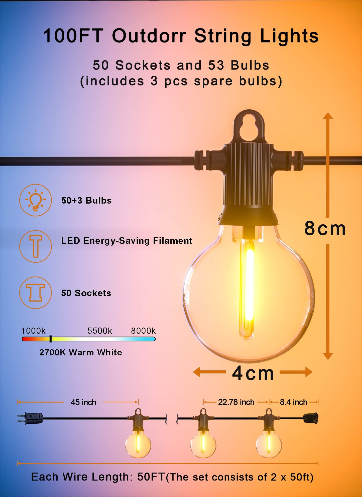 Zuske Outdoor String Lights Waterproof, 100FT LED Patio Lights with 53 Shatterproof G40 Globe Bulb(3 Spare), Connectable Dimmable Outside Hanging Lights for Backyard Porch Balcony Gazebo (2x50FT)