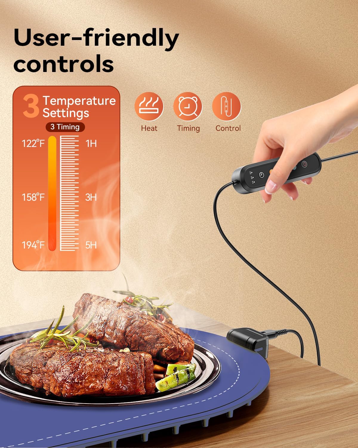 Food Warming Mat for Table & Buffet, Fast Heating Serving Tray with Adjustable Temperature & Timer, Foldable Silicone Heating Mat for Family Meals, Parties & Holiday Hosting