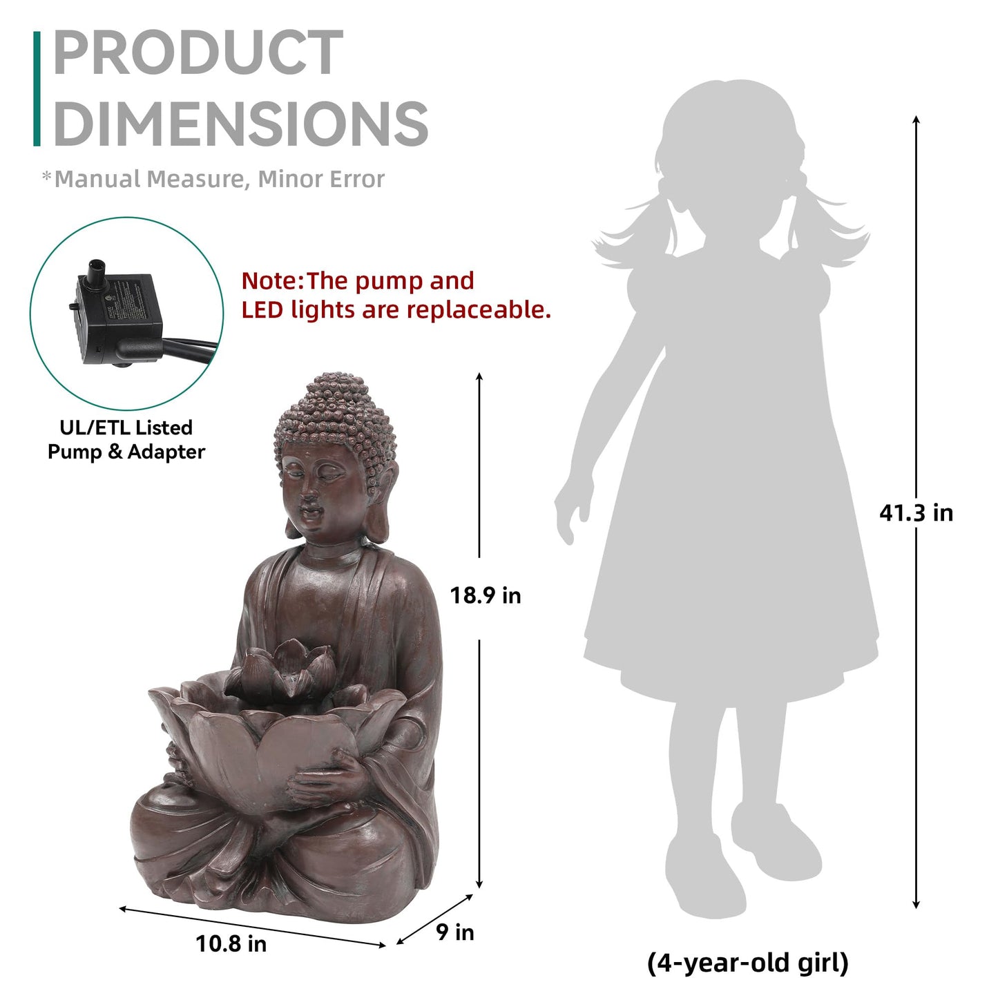 Autodaya 18.9" H Buddha Outdoor Water Fountain, Zen Style Garden Fountain with LED Lights and Pump, Relaxing Waterfall for Patio, Porch, or Yard Decor, Faux Bronze