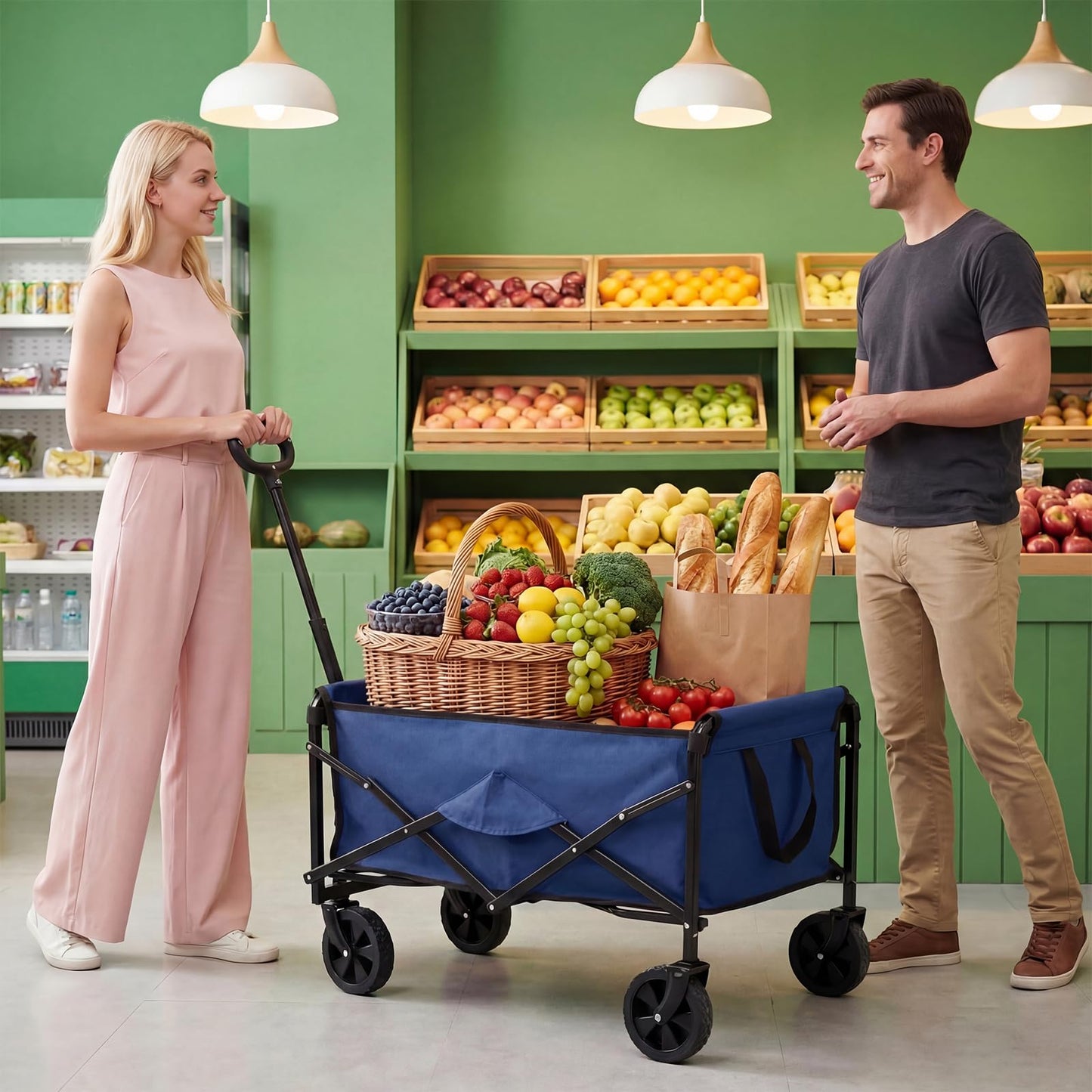 NEWBULIG Collapsible Wagon Cart, 67L Compact, Lightweight & Portable Heavy Duty Pull Cart with Wheels, 220 lbs Capacity, Adjustable Handle for Beach, Sports, Camping, Shopping & Garden, Blue