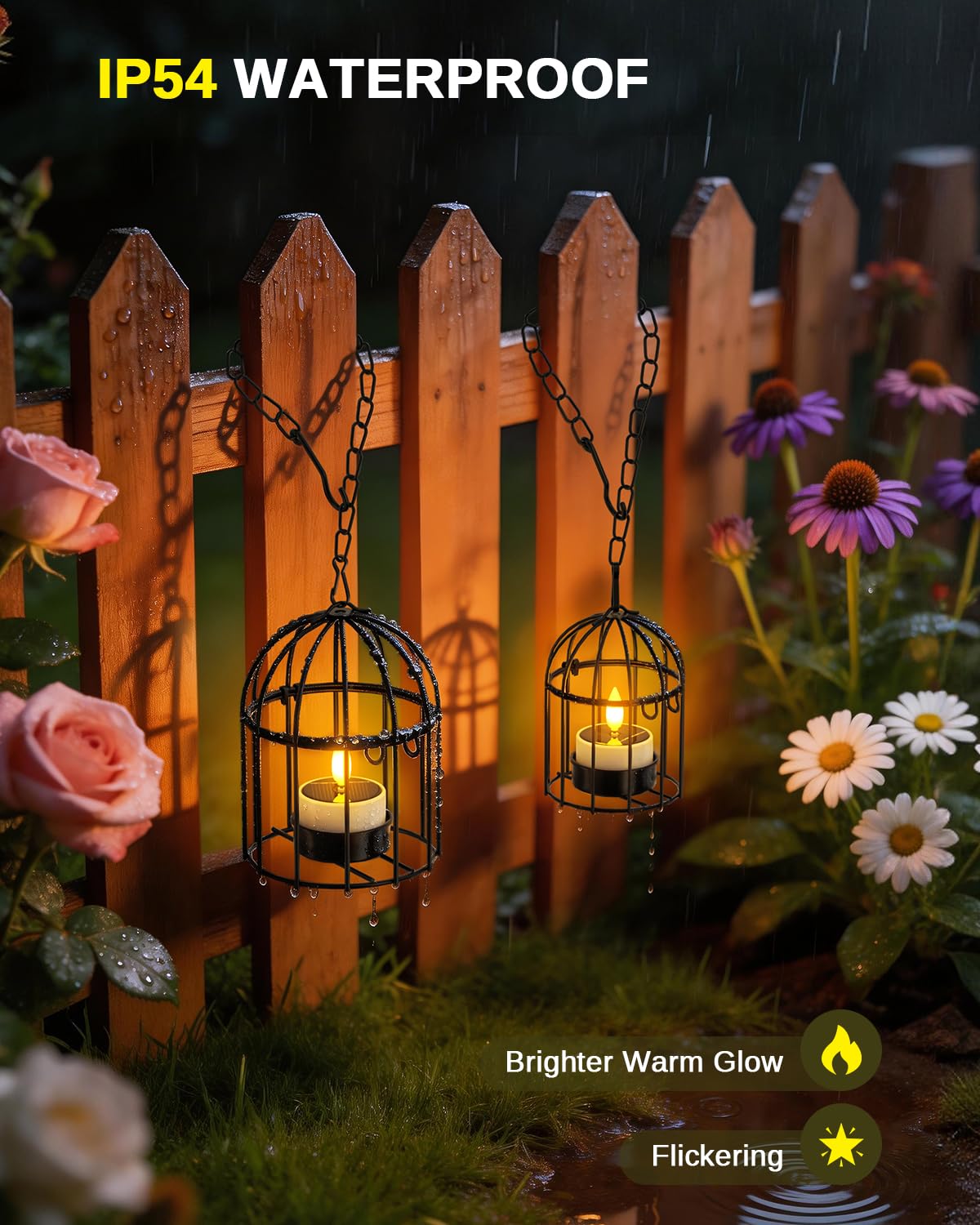 SoulBay Outdoor Lanterns with Solar Tea Lights, 4 Pack(2L 2S) Hanging Waterproof Solar Lights for Outside with Extended Chain, Bright & Long Lasting Solar Candles, Birdcage Lamp for Tree Patio Garden