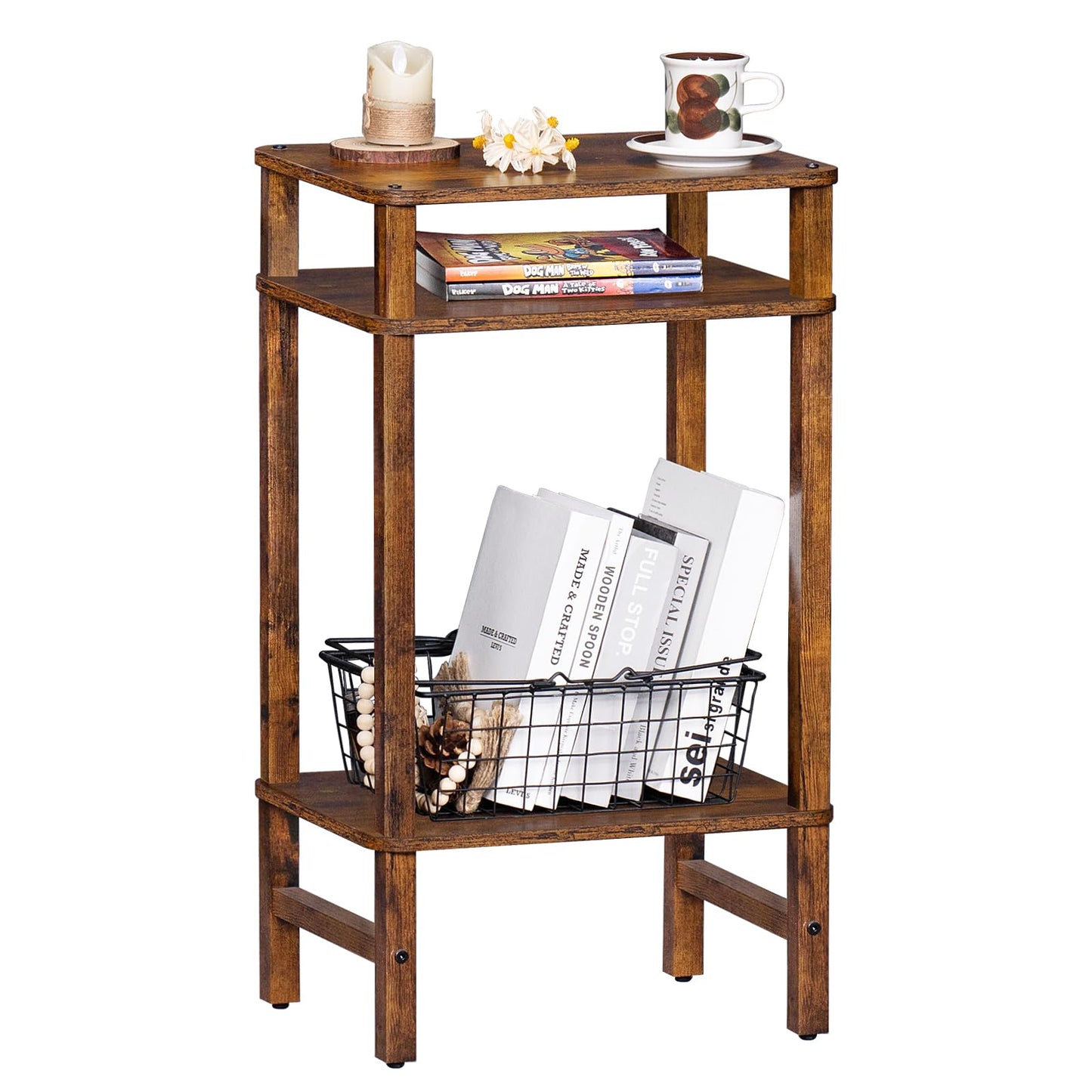 YUFAM Side Table End Table Tall Night Stand 3-Tier for Living Room Bedroom Bathroom Office Furniture Brown