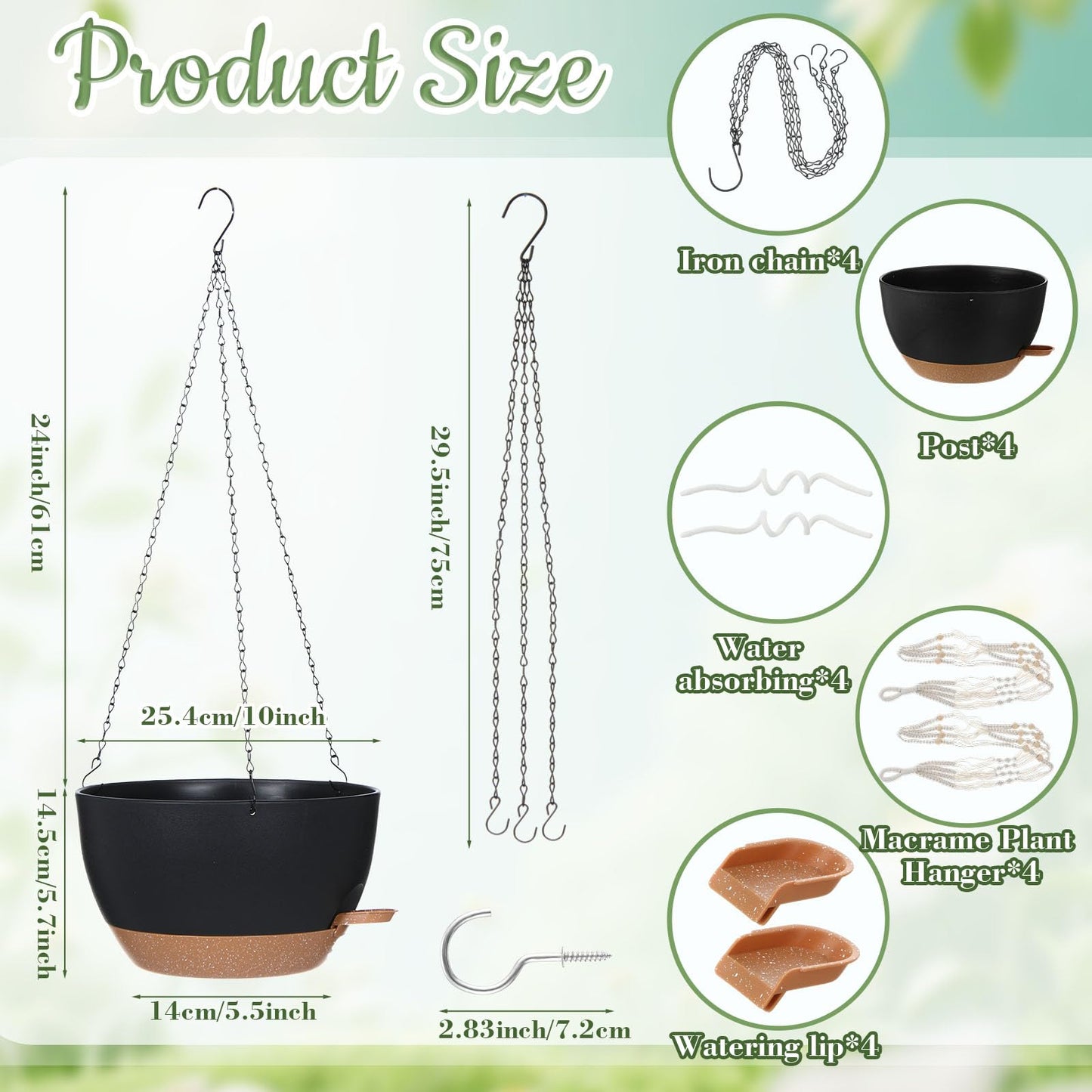 Sliner Set of 4-10 Inch Self Watering Hanging Planters Includes Hanging Pots and Outdoor Hanger Plant Pots with Drainage Holes 2 Types of Hanger Basket Hooks for Patio Garden(Black Brown)