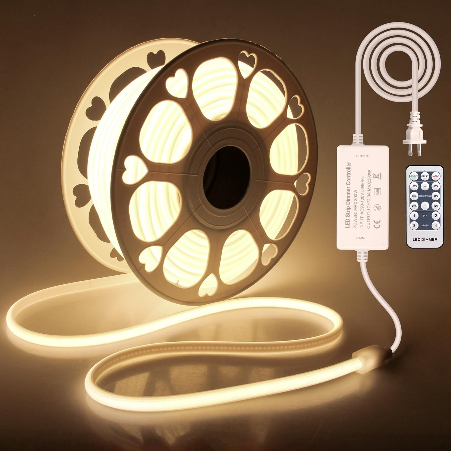 Samsion 100FT COB Led Rope Lights Outdoor Led Strip Lights Waterproof AC 110V~120V Warm White 3000K Super Brightness Flex Cob Light for Garden Patio Building Commerical Dimmable with Remote Controller