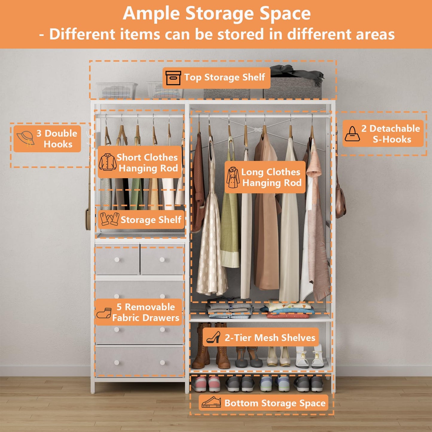 Auromie Clothes Rack with 5 Drawers & 4 Storage Shelves, 59.1W*70.9H Heavy Duty Clothing Rack with 2 Hanging Rods, Wardrobe Closet Organizer System with 5 Hooks, Freestanding Garment Rack (White)