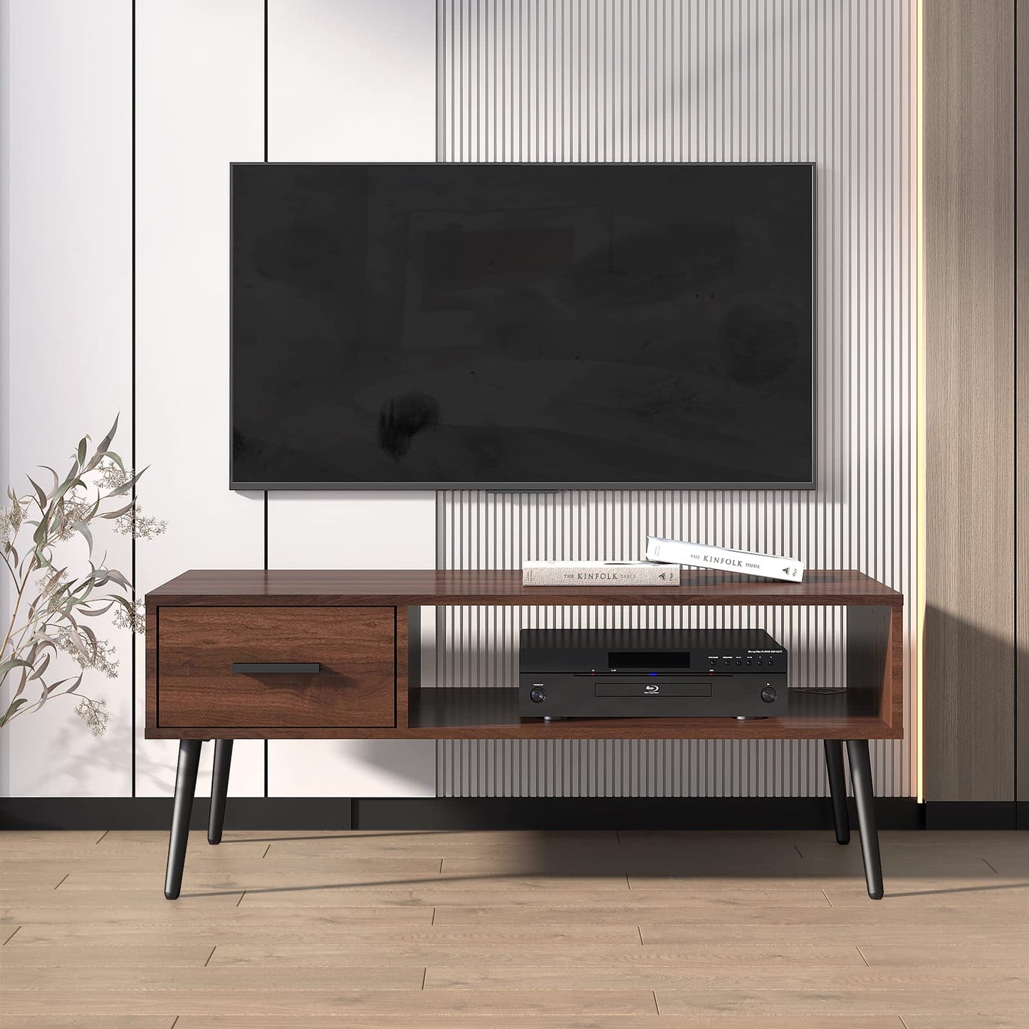 HAIOOU Coffee Table, Mid Century Modern Center Table for Living Room with Storage, Walnut Tea Table with Drawer, Open Storage Shelf, Floor-Anti-Scratching Pine Leg for Home, Office(Dark Brown)